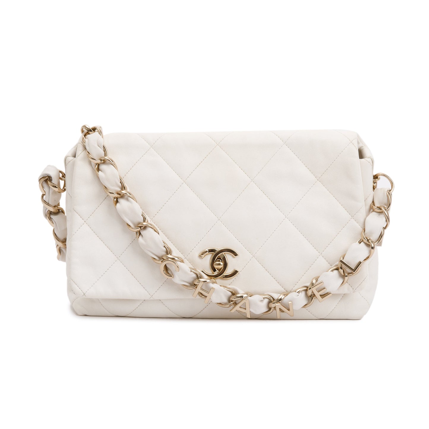 Chanel 2021 White Calfskin Leather Medium Logo Strap Flap Bag