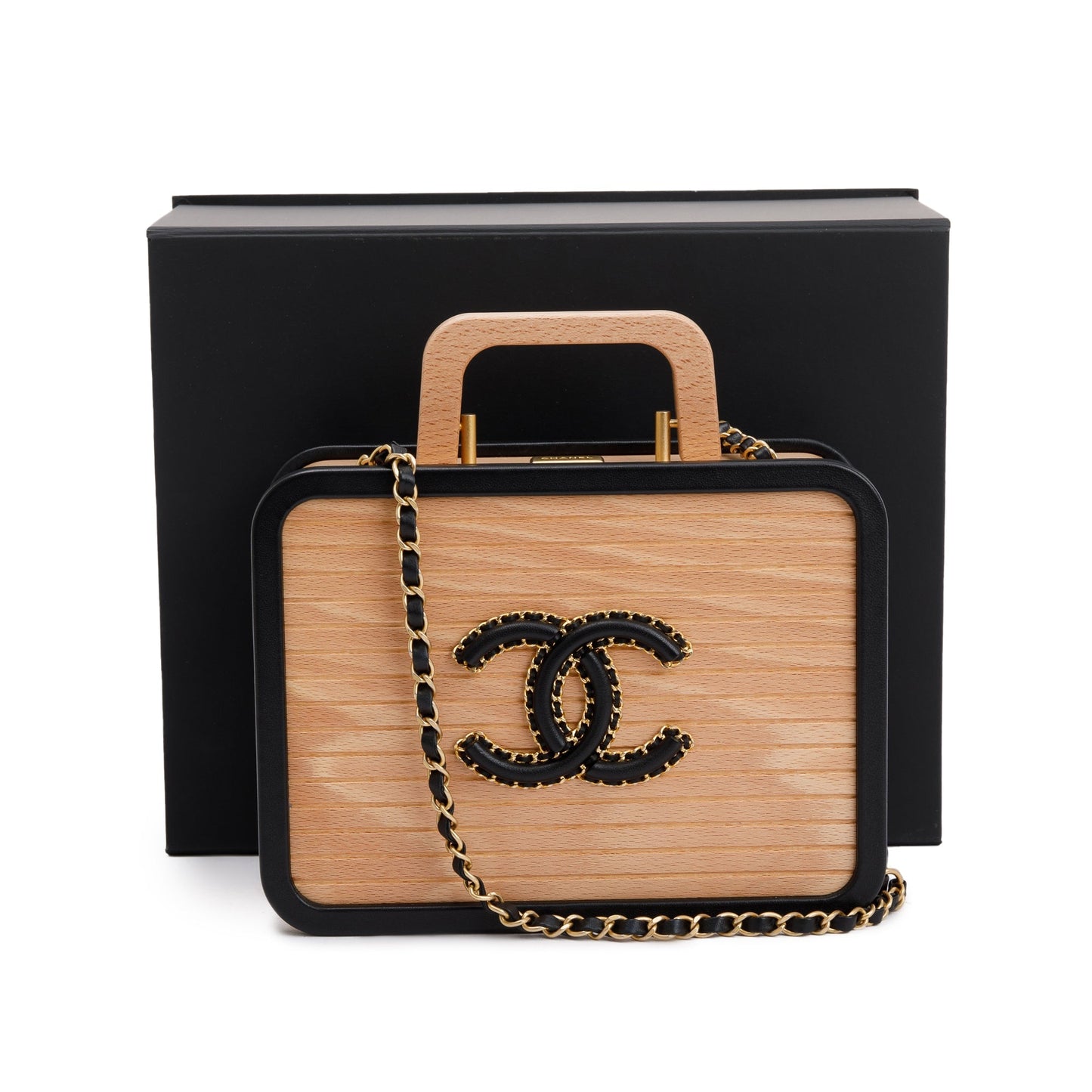 Chanel 2022 Beige Beech Wood Black Lambskin Leather Medium CC Vanity Case