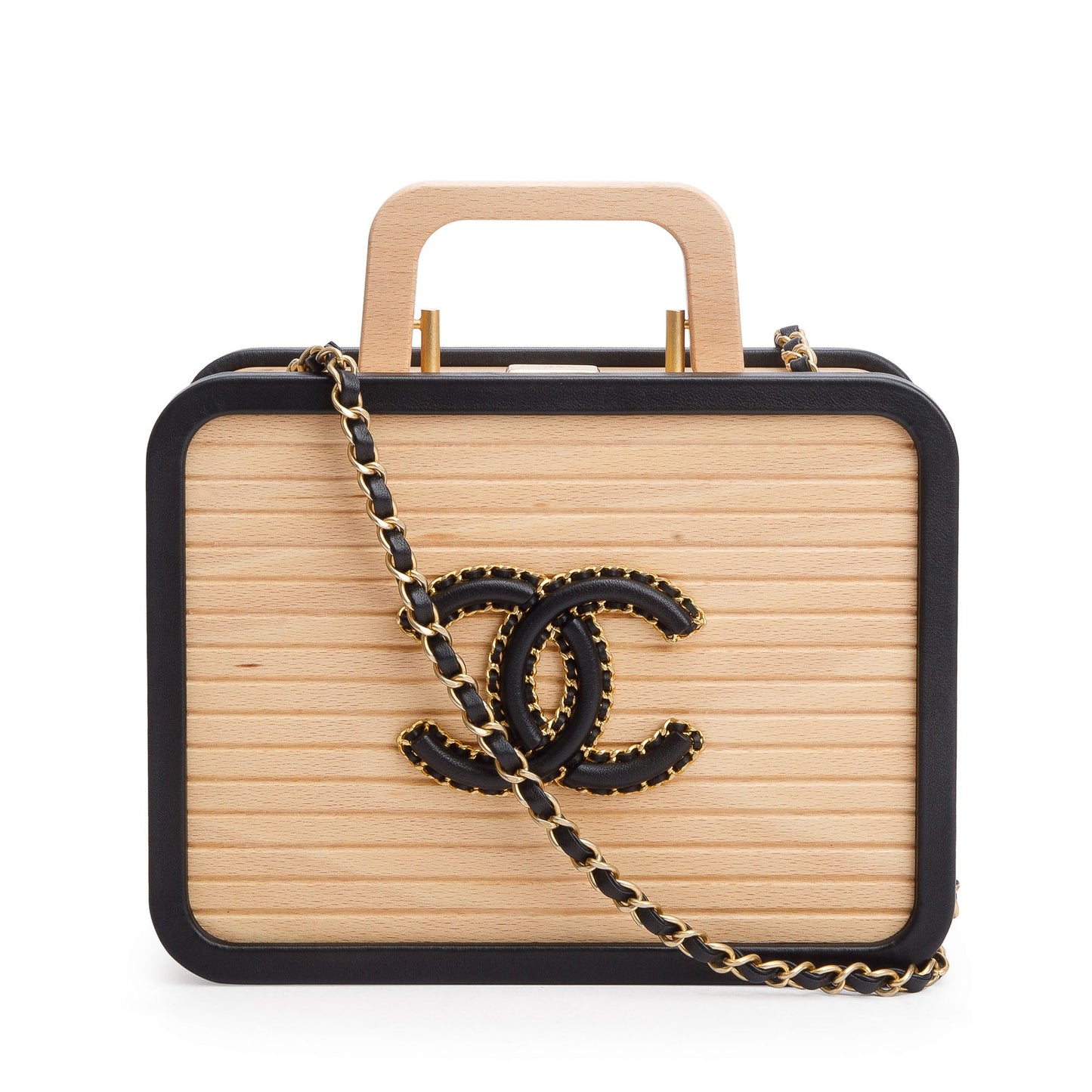 Chanel 2022 Beige Beech Wood Black Lambskin Leather Medium CC Vanity Case