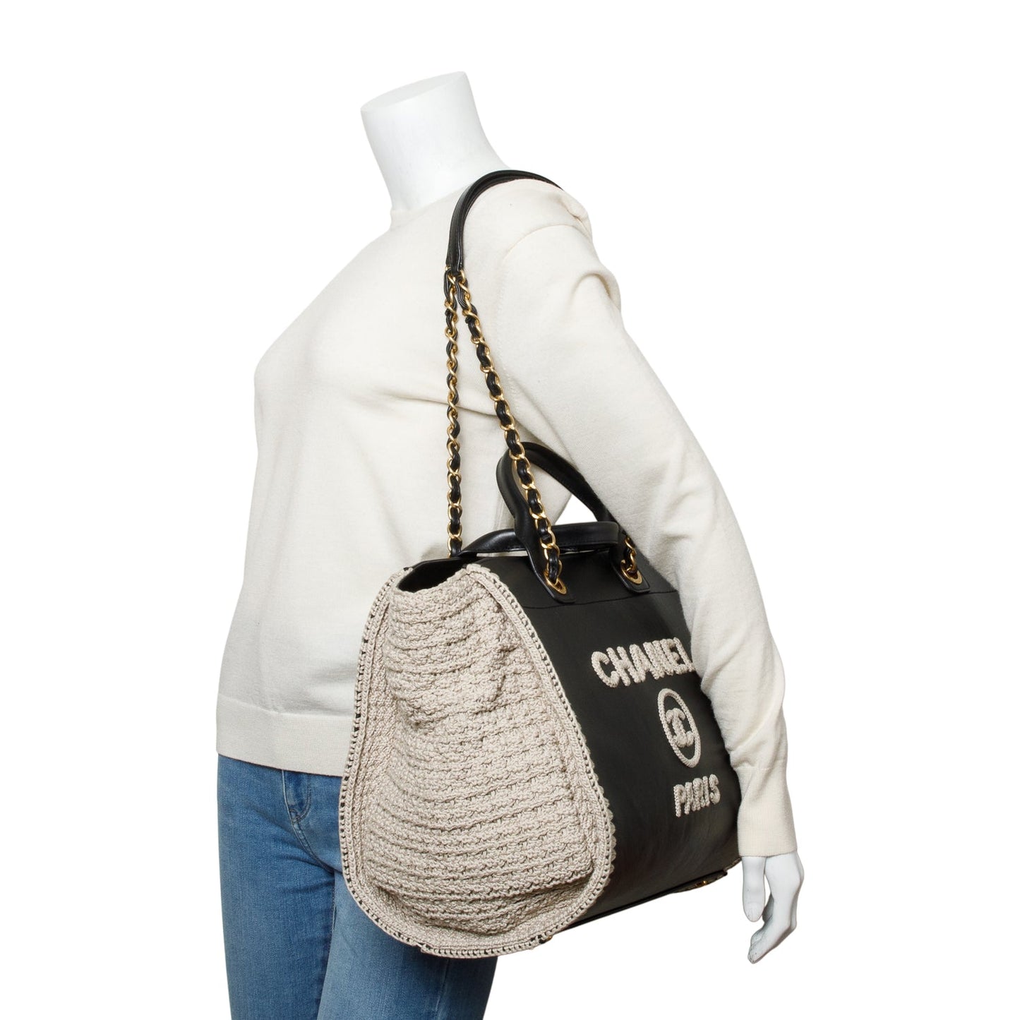 Chanel 2022 Black Calfskin Leather Grey Knit Medium Deauville Tote