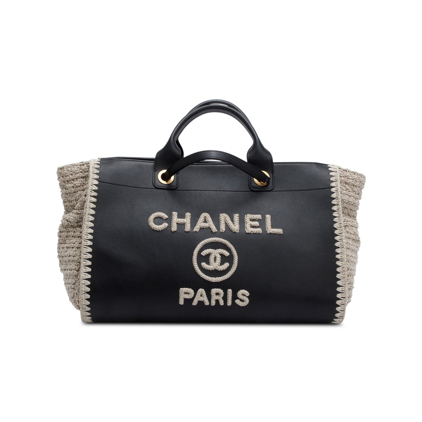 Chanel 2022 Black Calfskin Leather Grey Knit Medium Deauville Tote
