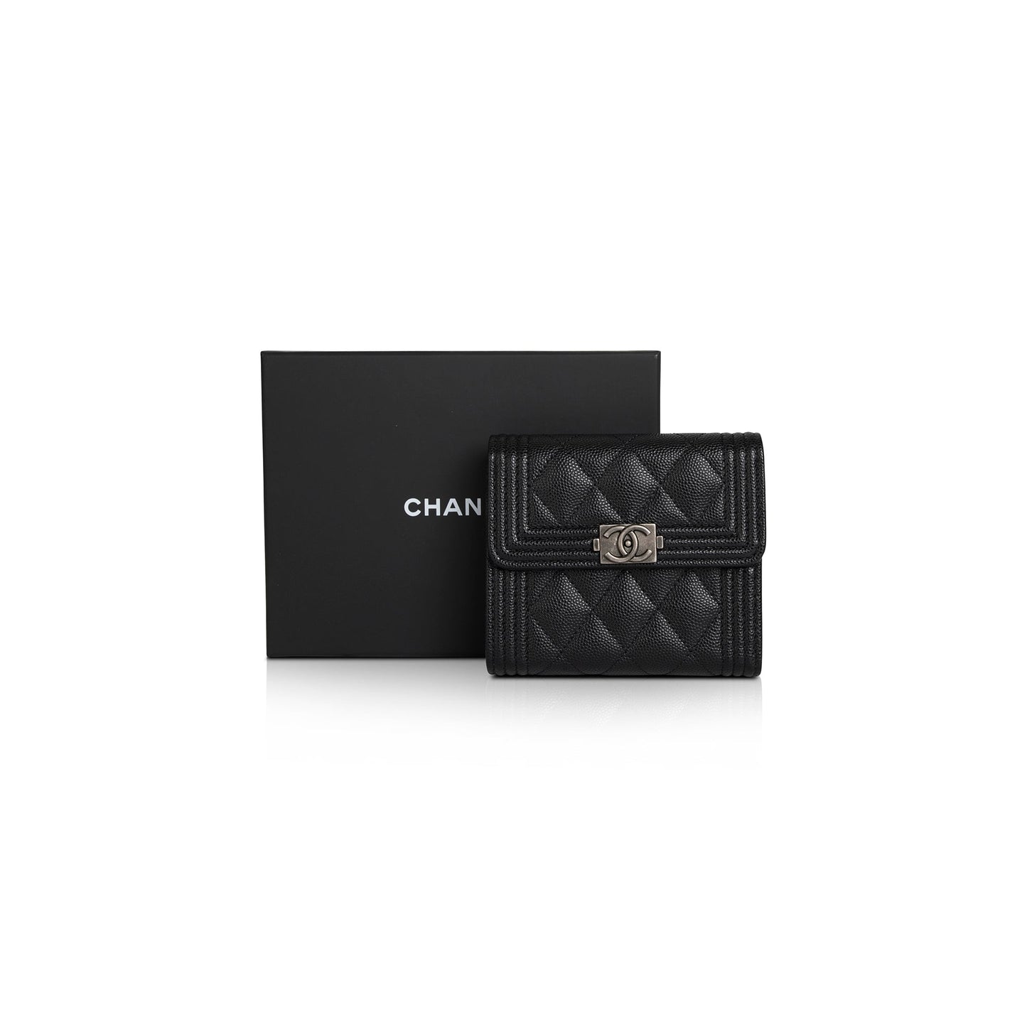 Chanel 2022 Black Caviar Boy Compact Wallet