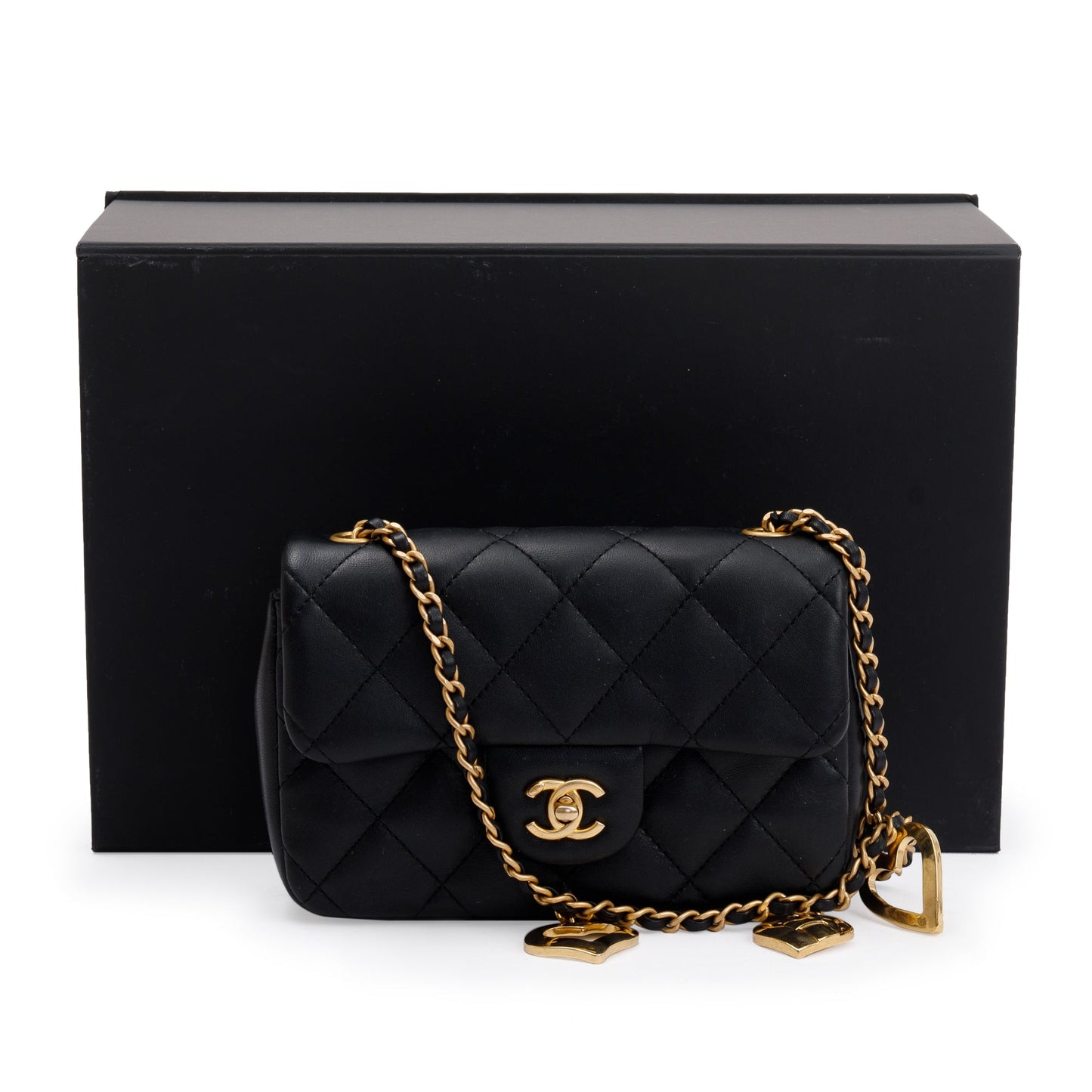 Chanel 2022 Black Quilted Lambskin Heart Charms Mini Flap Bag