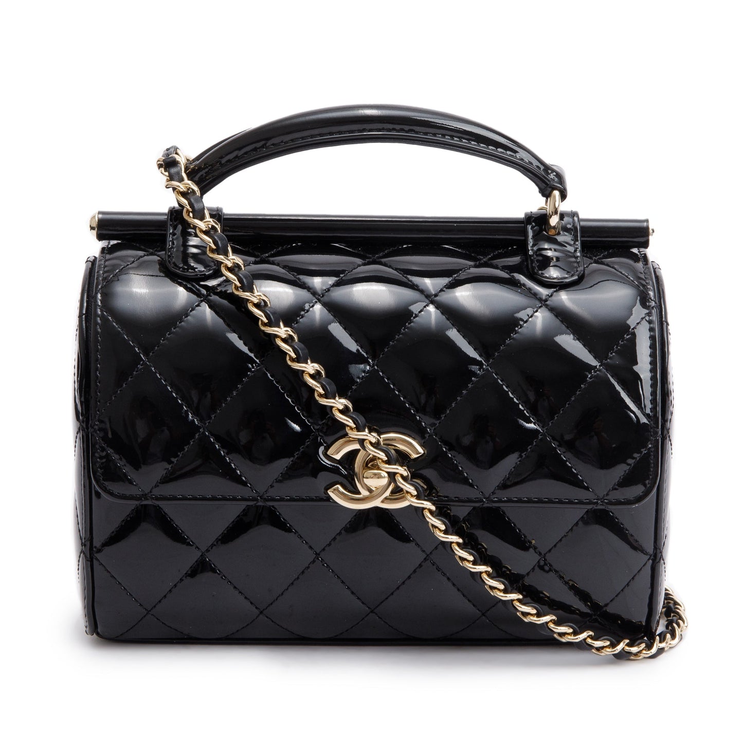 Chanel 2022 Black Quilted Patent Leather Mini Top Handle Flap Bag