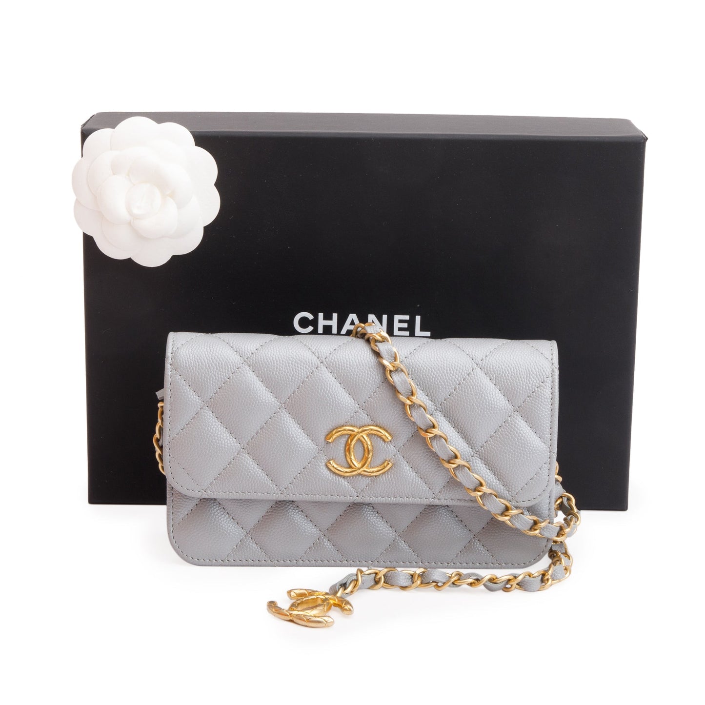 Chanel 2022 Grey Quilted Caviar Leather Classic Phone Holder on Chain