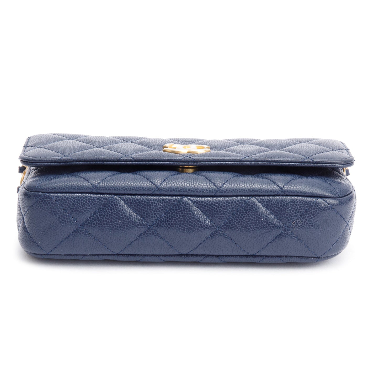 Chanel 2022 Navy Quilted Caviar Leather Twist Your Button Flap Phone Holder Crossbody Bag