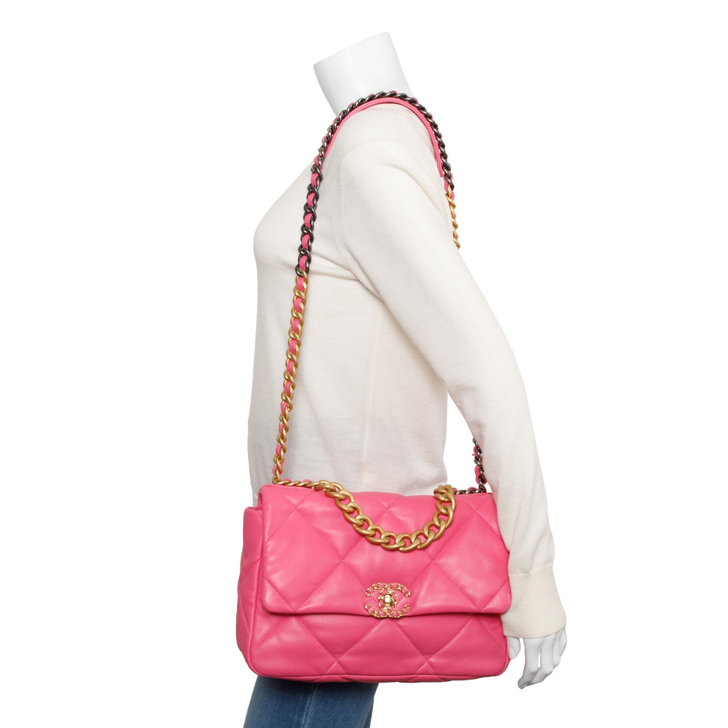 Chanel 2022 Pink Lambskin Leather Large 19 Flap Bag