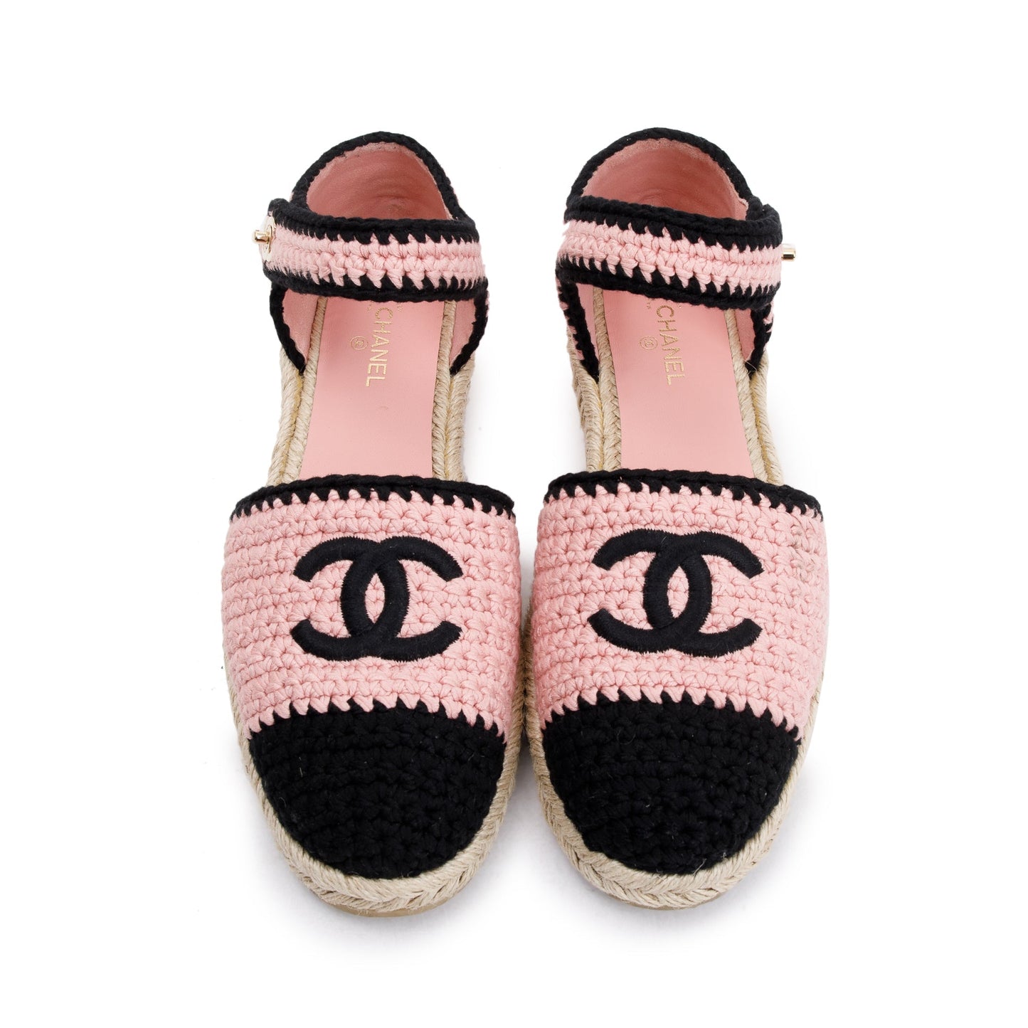 Chanel 2022 Pink/Black Braided Knit Interlocking CC Logo Ankle Strap Espadrilles, Size 41