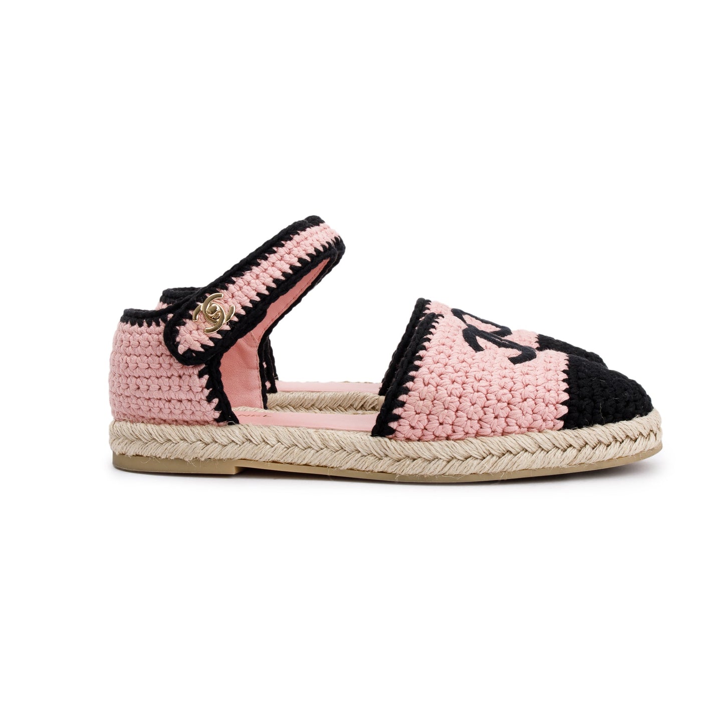 Chanel 2022 Pink/Black Braided Knit Interlocking CC Logo Ankle Strap Espadrilles, Size 41