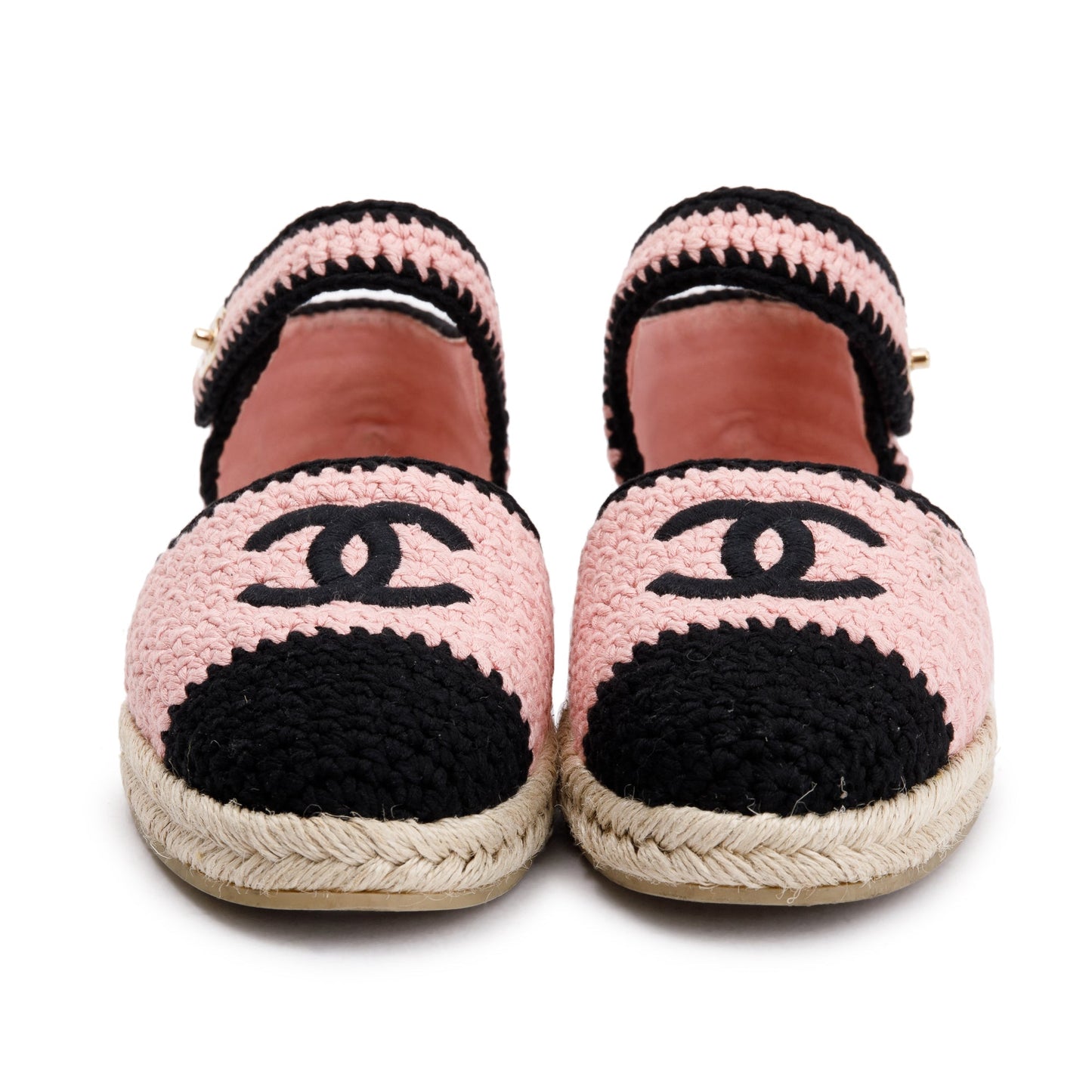 Chanel 2022 Pink/Black Braided Knit Interlocking CC Logo Ankle Strap Espadrilles, Size 41