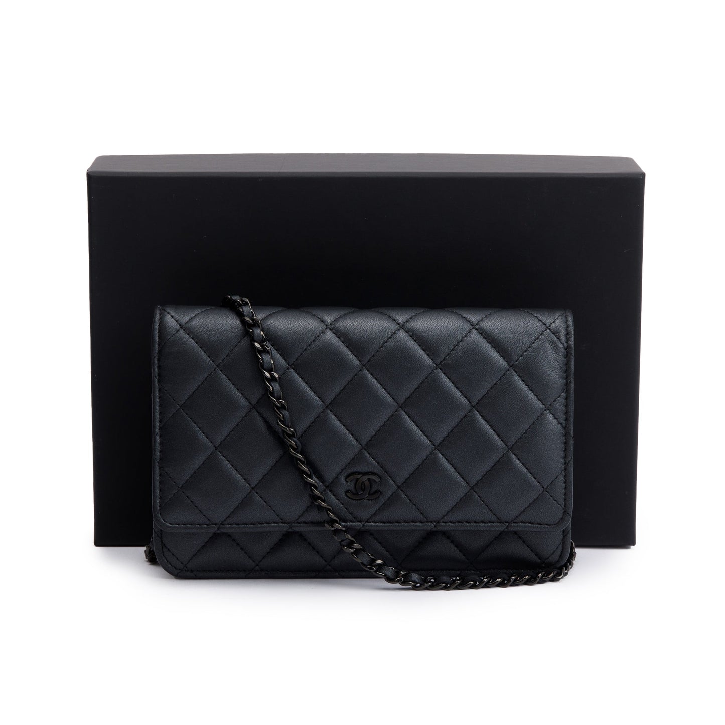 Chanel 2022 So Black Lambskin Leather Classic Wallet on Chain