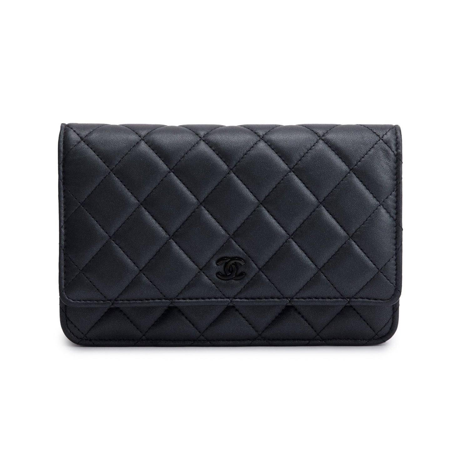 Chanel 2022 So Black Lambskin Leather Classic Wallet on Chain