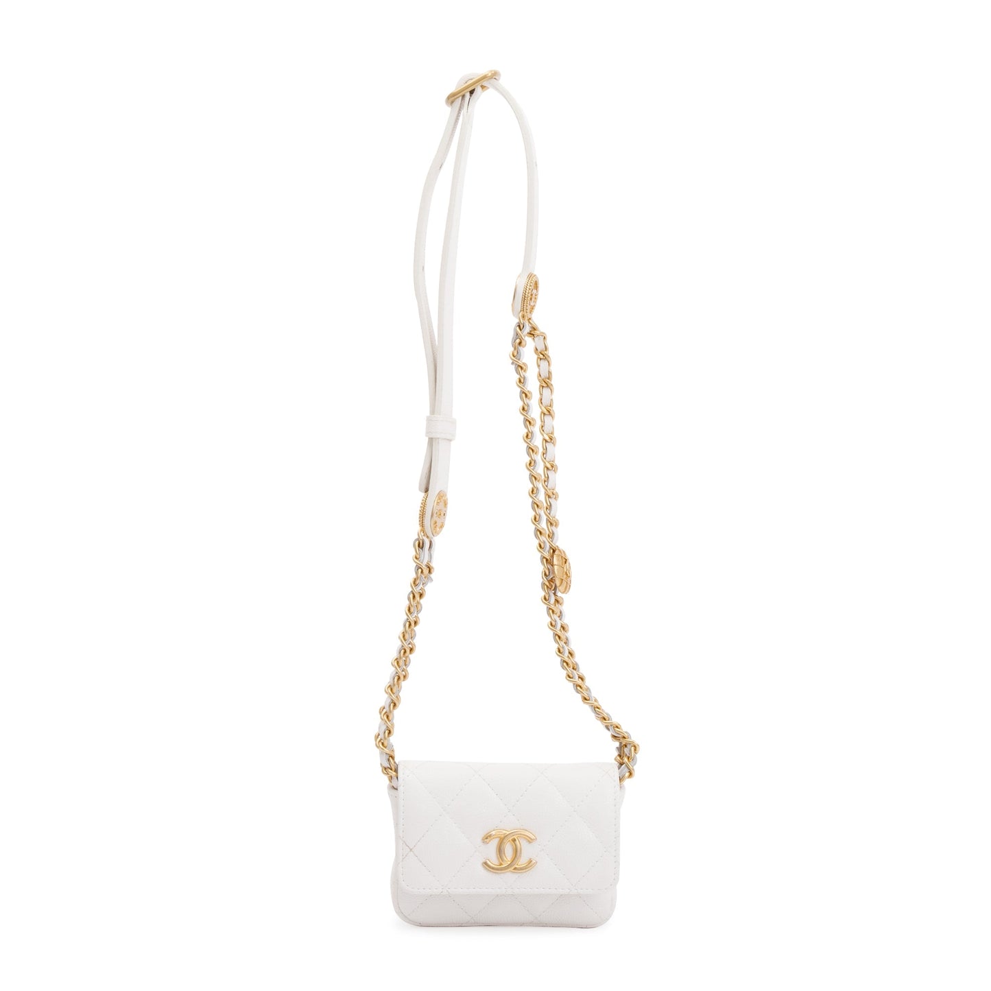 Chanel 2022 White Quilted Caviar Leather Twist Your Buttons Flap Chain Belt Bag