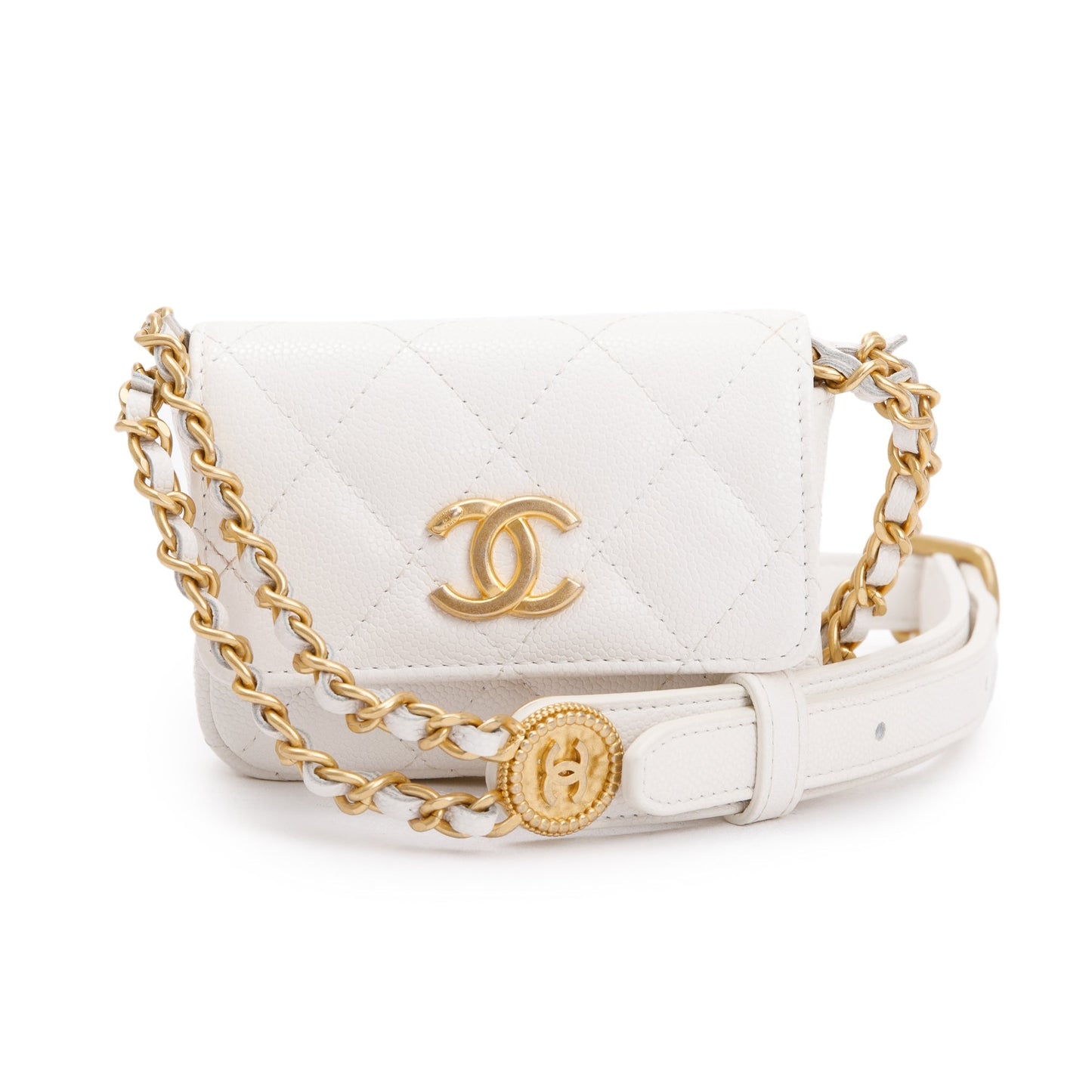 Chanel 2022 White Quilted Caviar Leather Twist Your Buttons Flap Chain Belt Bag