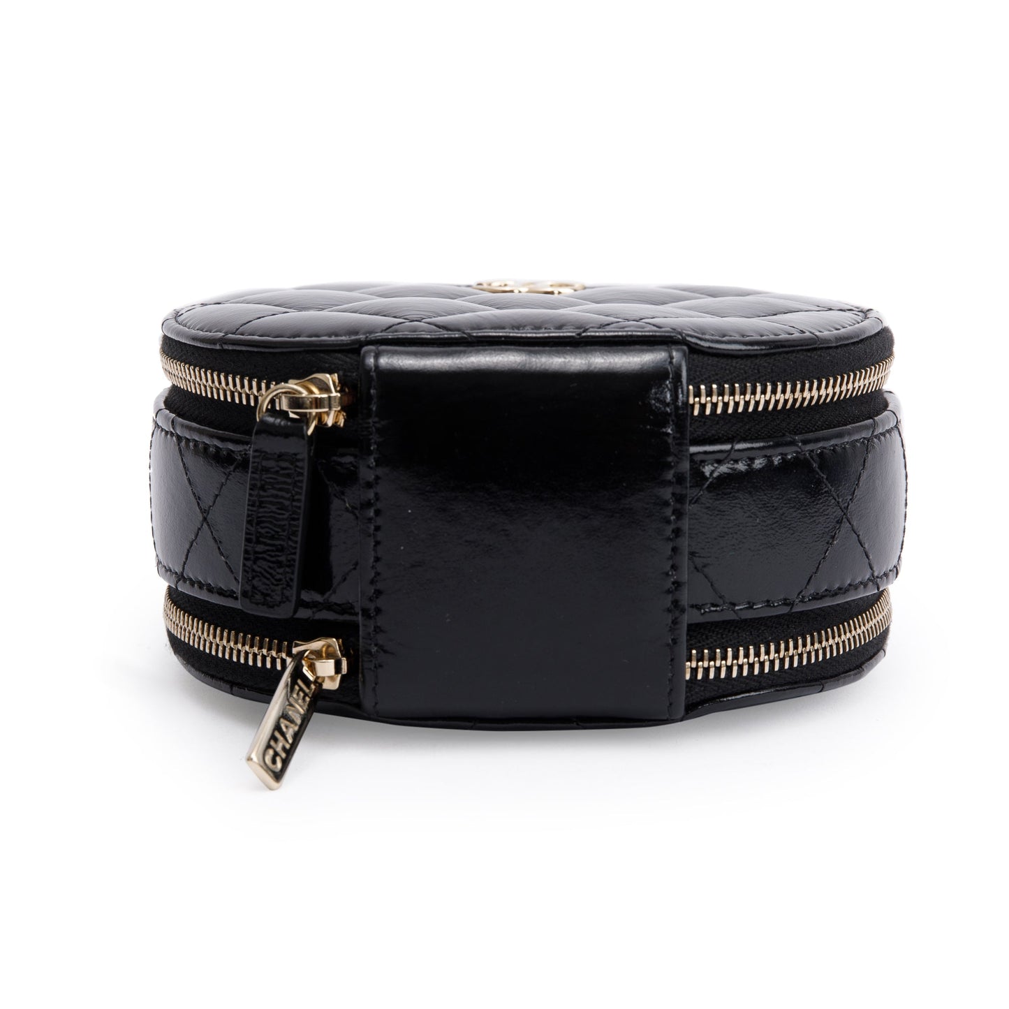 Chanel 2023 Black Lambskin Leather Handle with Care Round Vanity Case