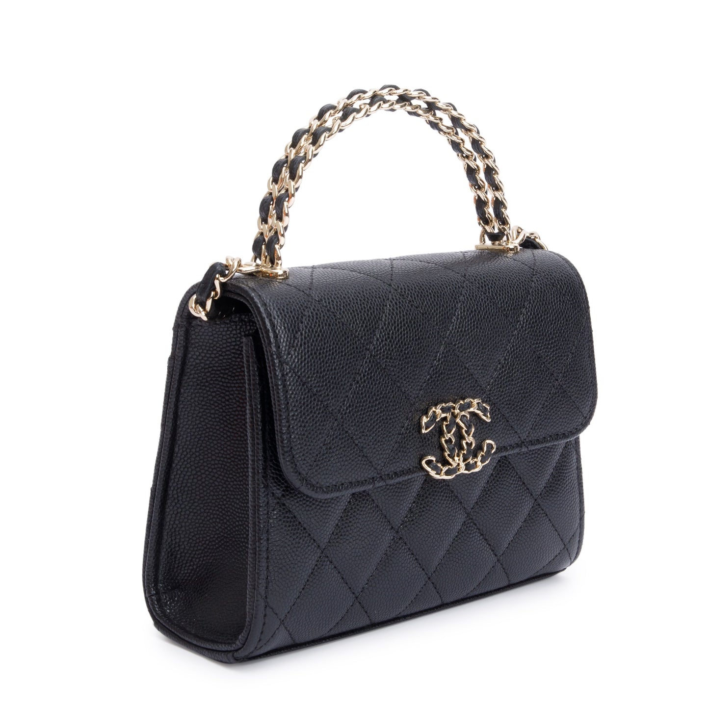 Chanel 2023 Black Quilted Caviar Leather Chain Top Handle on Chain