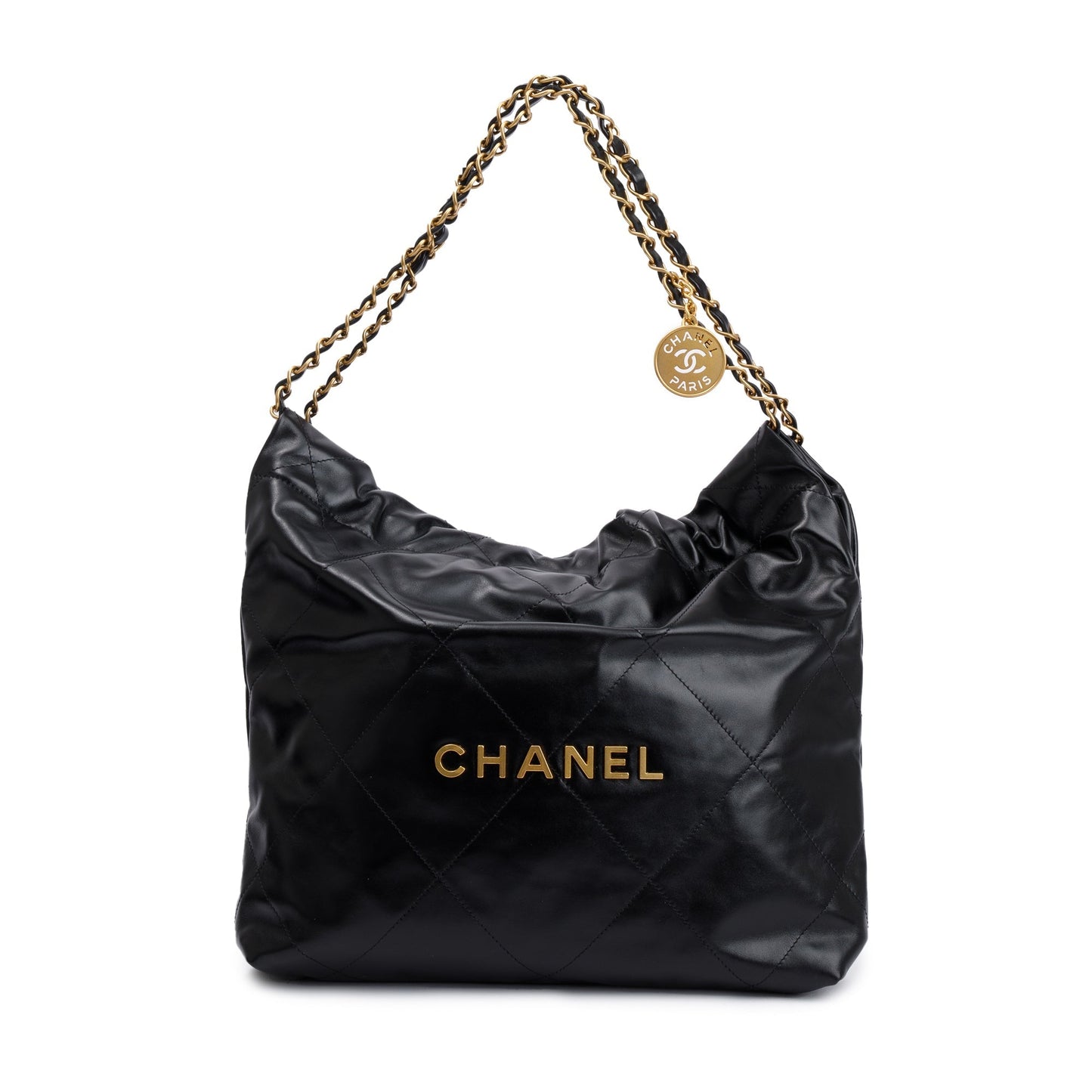 Chanel 2023 Black Shiny Calfskin Leather Small Chanel 22 Hobo