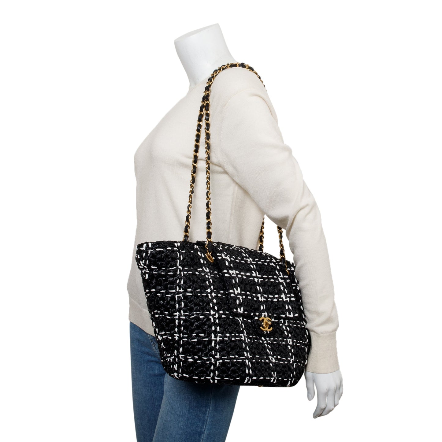 Chanel 2023 Black/White Raffia Calfskin CC Flap Tote