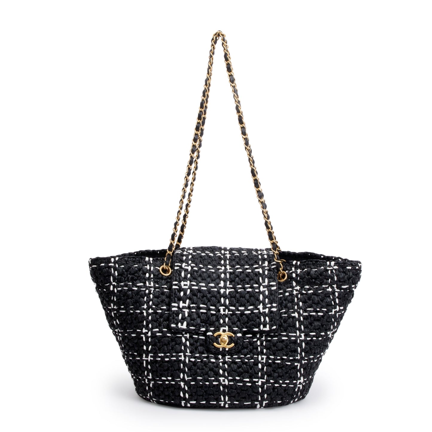 Chanel 2023 Black/White Raffia Calfskin CC Flap Tote