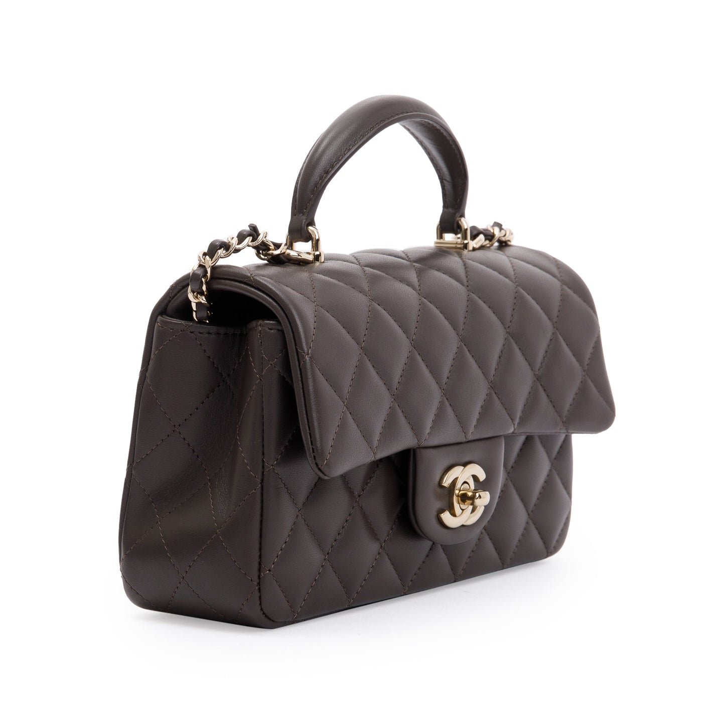 Chanel 2023 Brown Quilted Lambskin Leather Mini Top Handle Rectangular Flap Bag