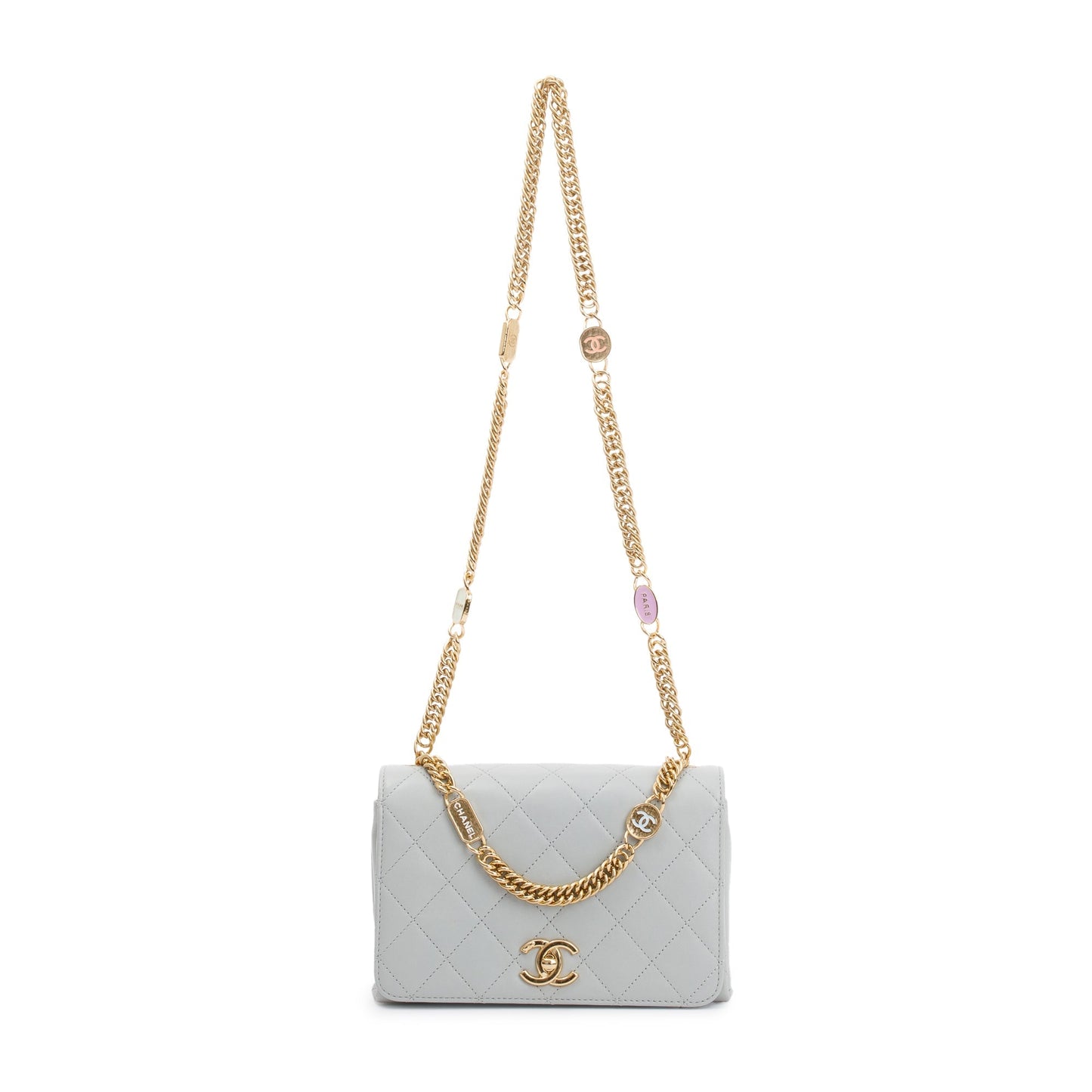 Chanel 2023 Grey Quilted Lambskin Leather Logo Chain Handle Flap Bag