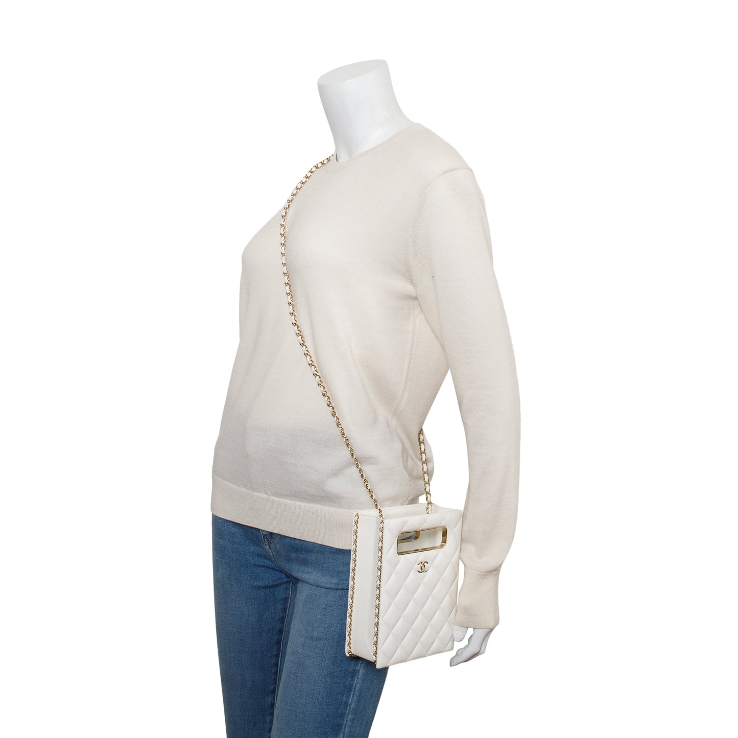 Chanel 2023 White Caviar Quilted Leather Evening Box Bag