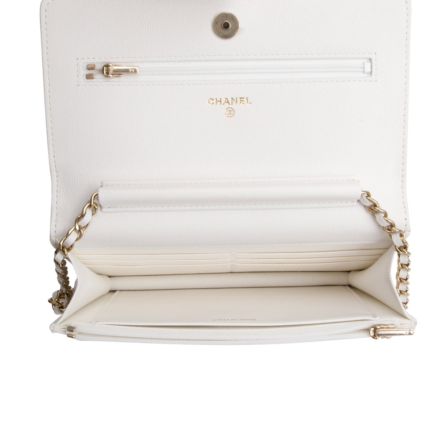 Chanel 2023 White Quilted Caviar Leather Classic Wallet on Chain