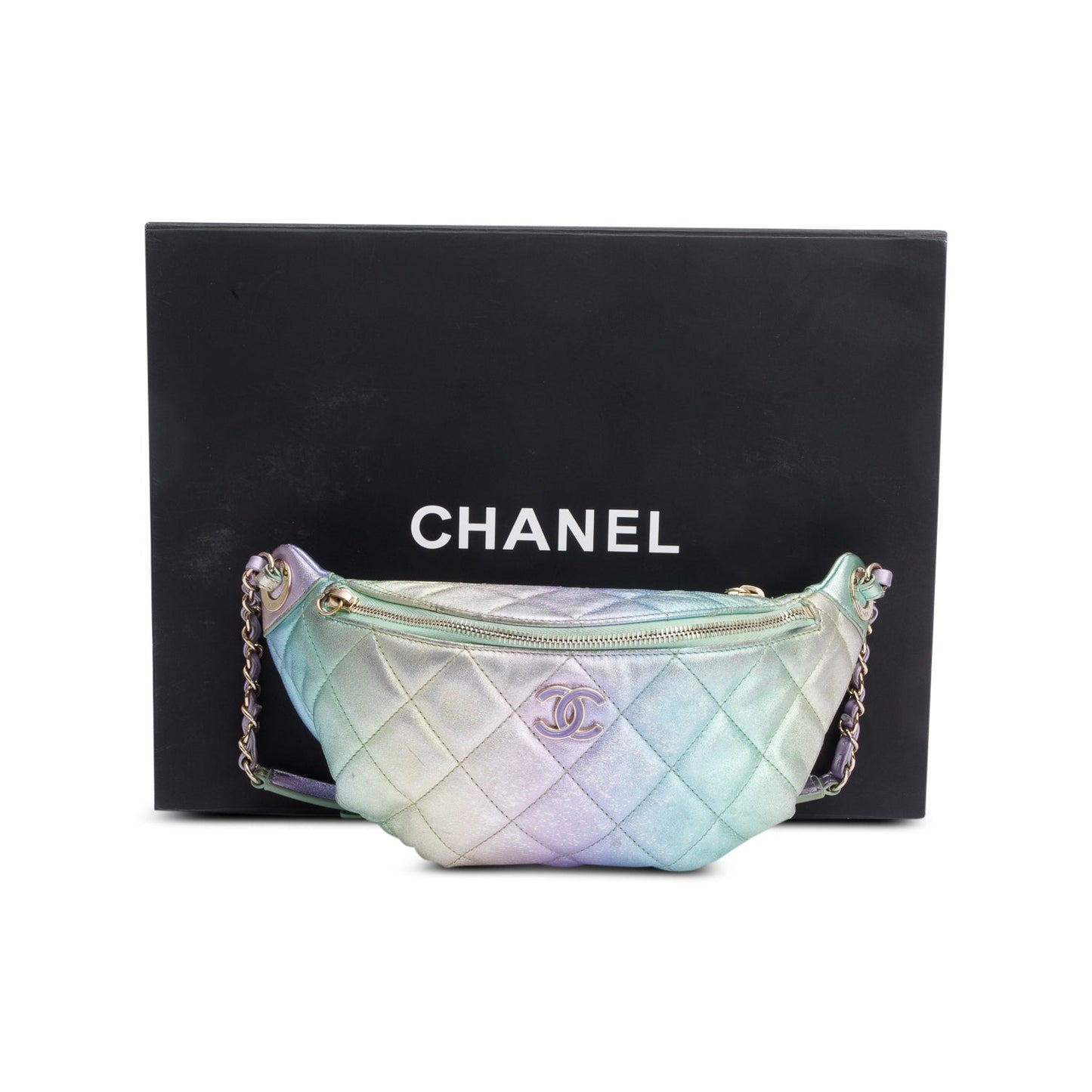 Chanel 2024 Iridescent Rainbow Metallic Quilted Calfskin Leather Belt Bag