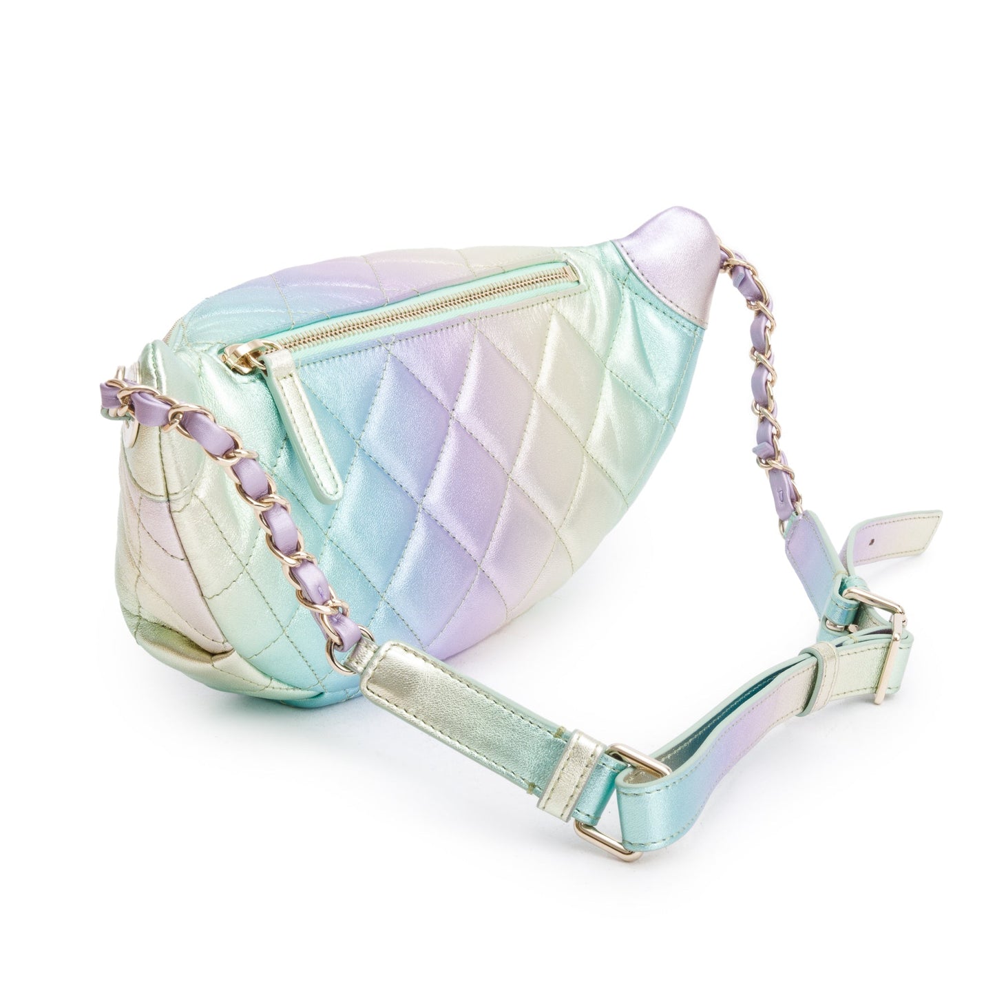 Chanel 2024 Iridescent Rainbow Metallic Quilted Calfskin Leather Belt Bag