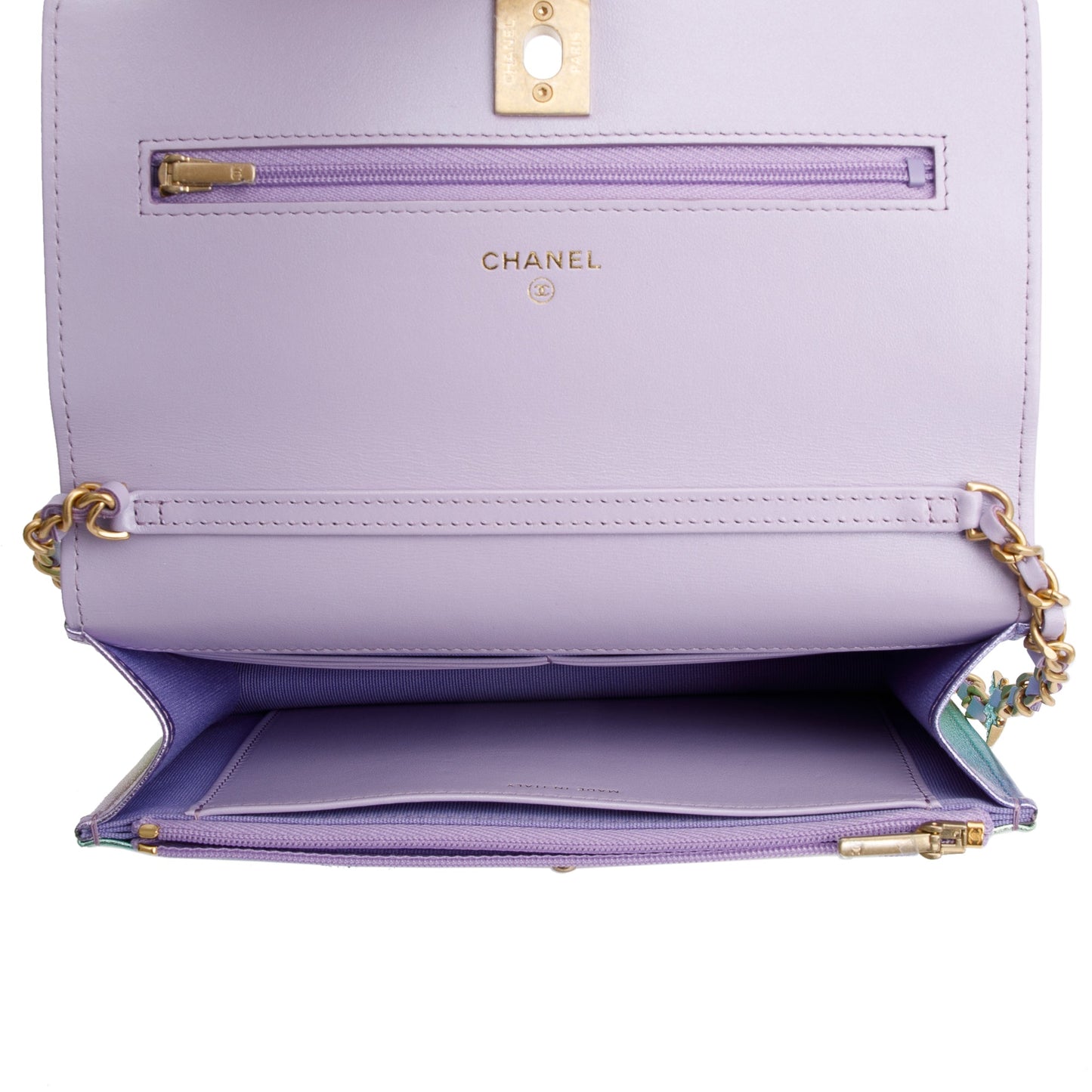 Chanel 2024 Metallic Multicolor Rainbow Lambskin Leather Strass Wallet on Chain