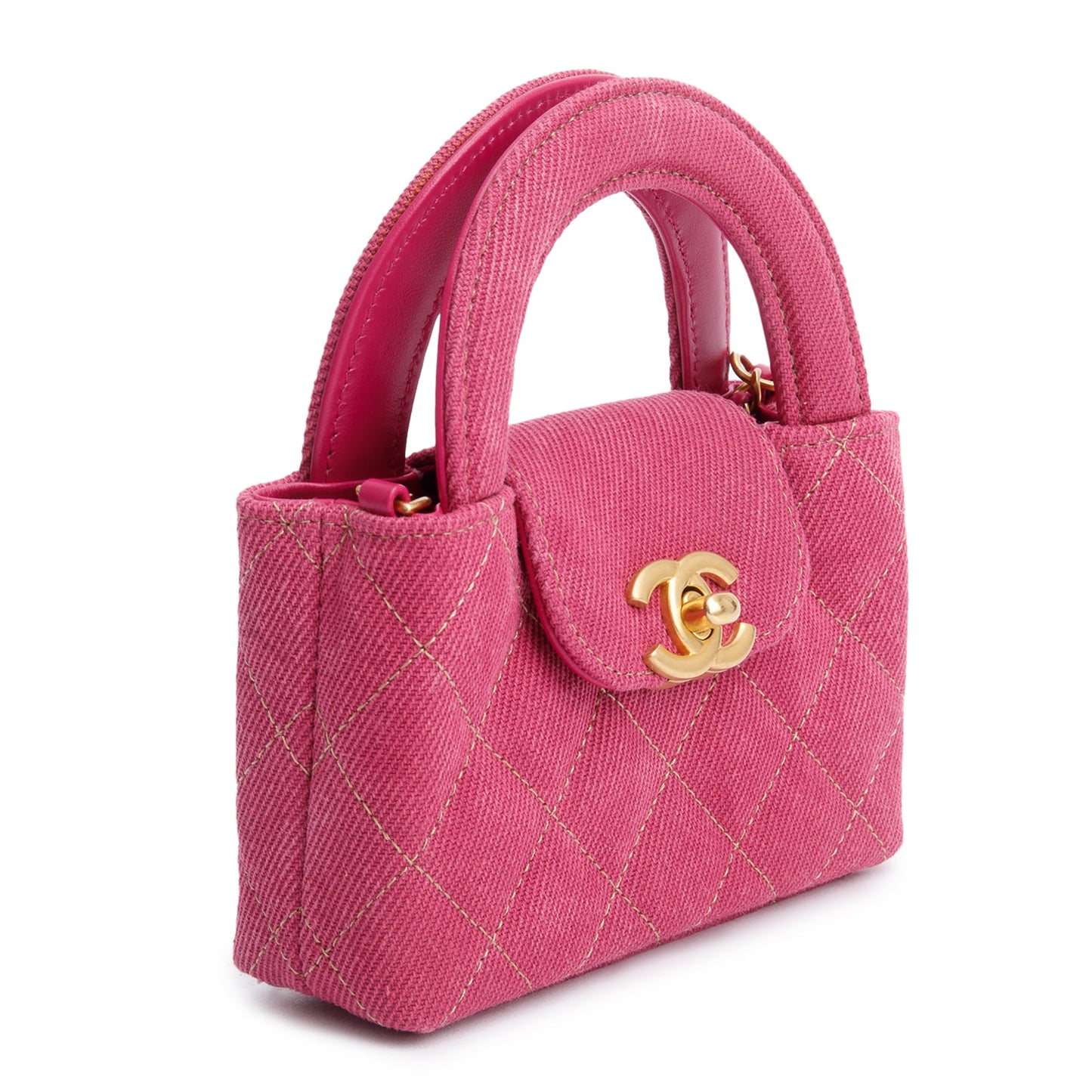 Chanel 2024 Pink Quilted Denim Nano Kelly Crossbody Bag