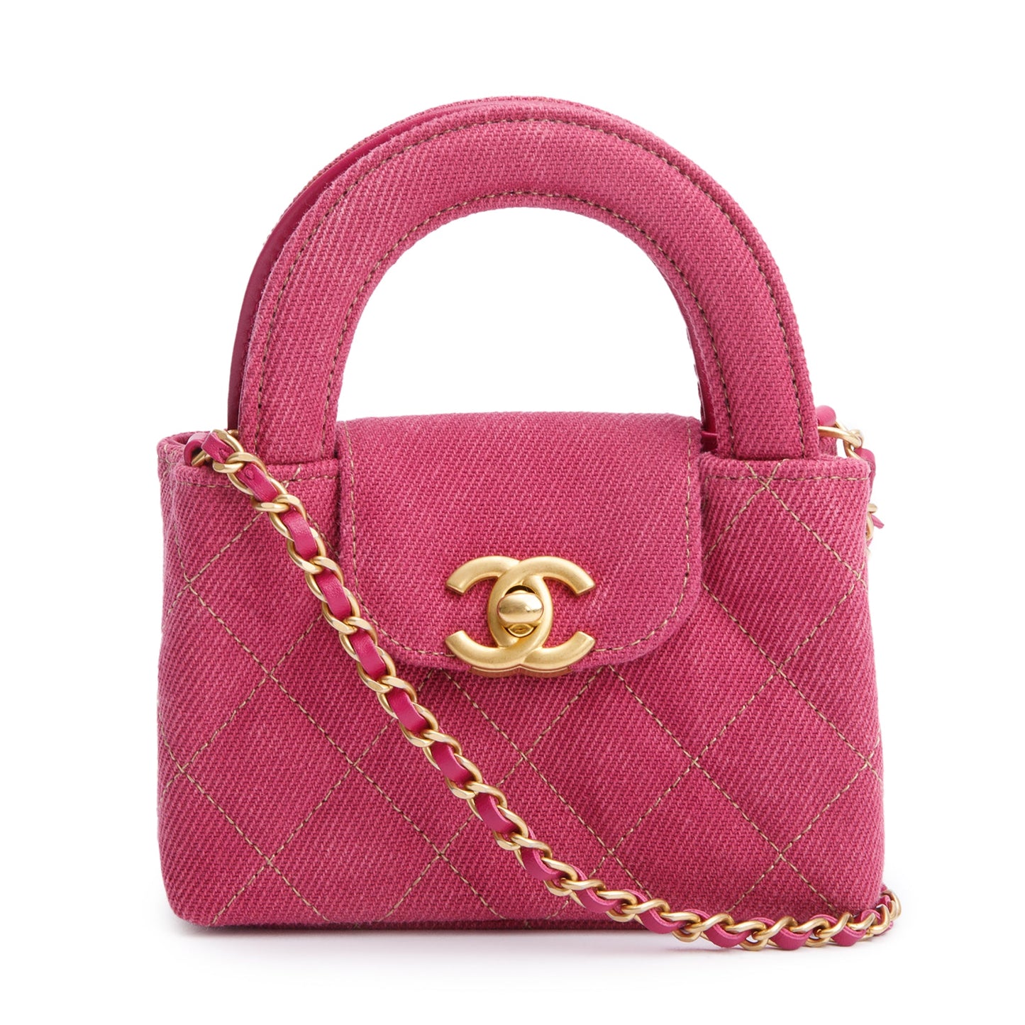 Chanel 2024 Pink Quilted Denim Nano Kelly Crossbody Bag