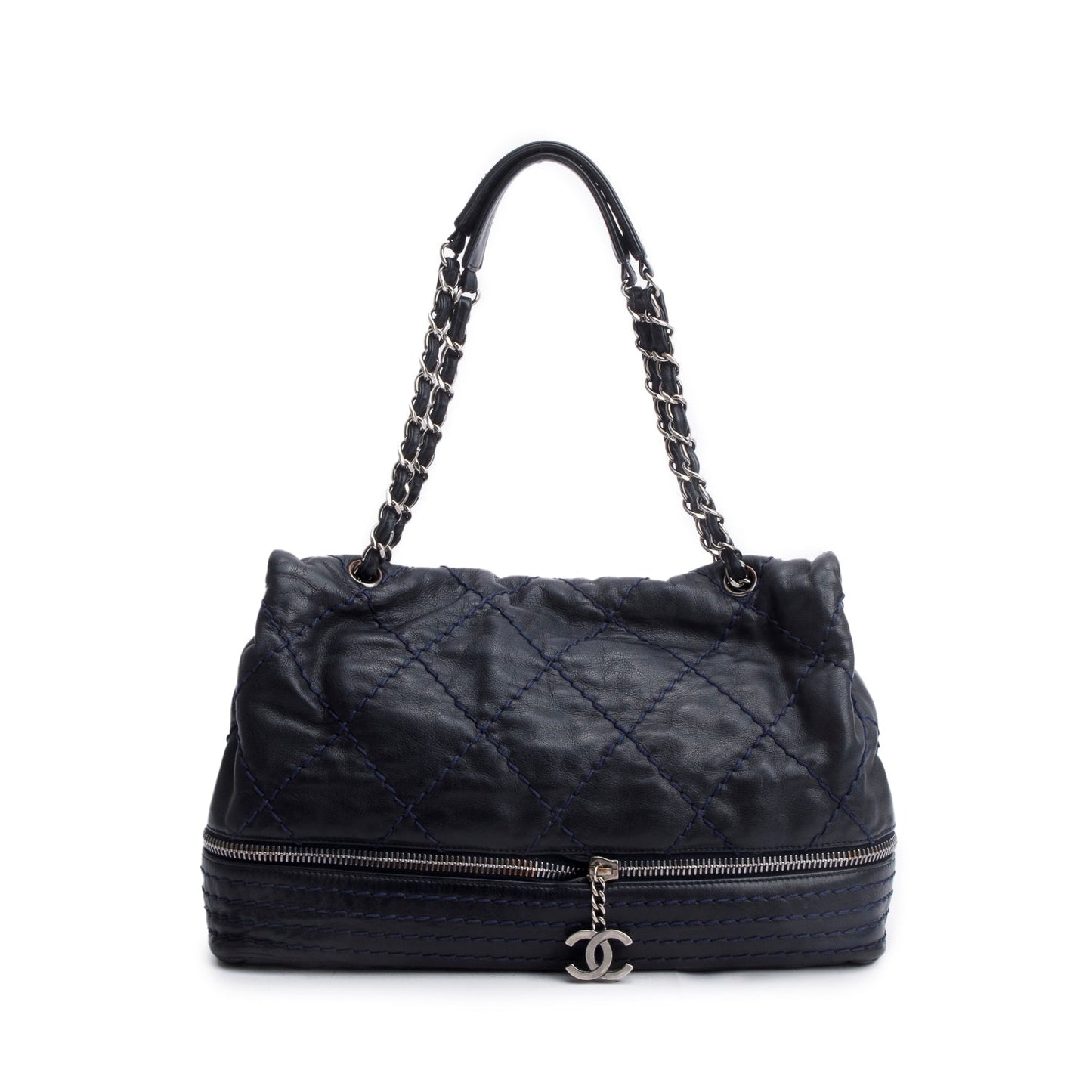 Chanel Navy Quilted Stitched Calfskin Leather Expandable Ligne Flap Bag