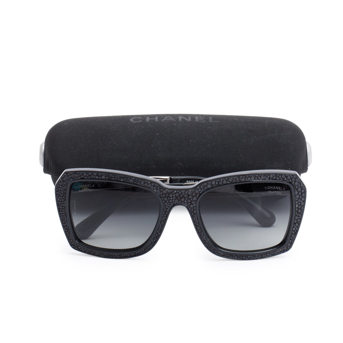 Chanel 6047-Q Black Acetate Stingray Leather CC Logo Polarized Sunglasses