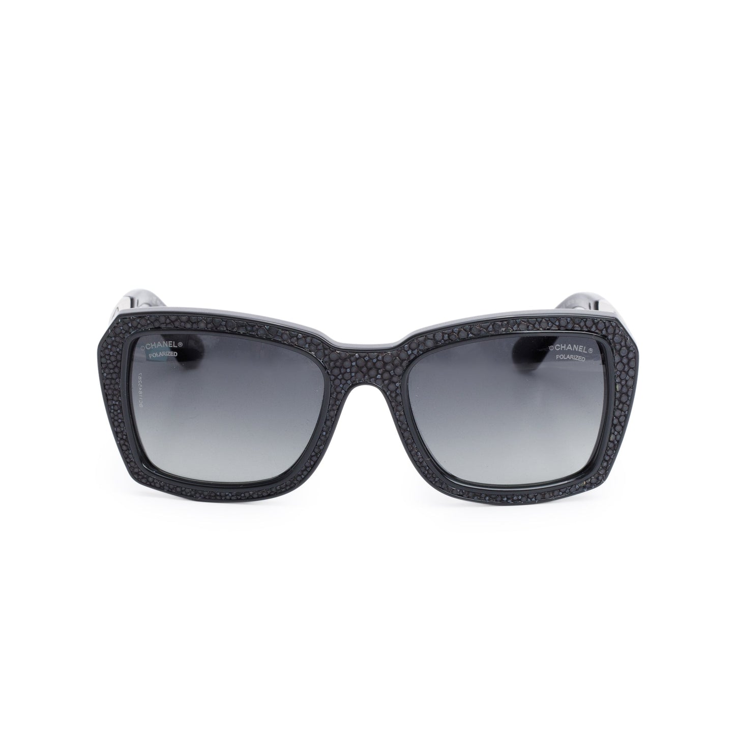 Chanel 6047-Q Black Acetate Stingray Leather CC Logo Polarized Sunglasses