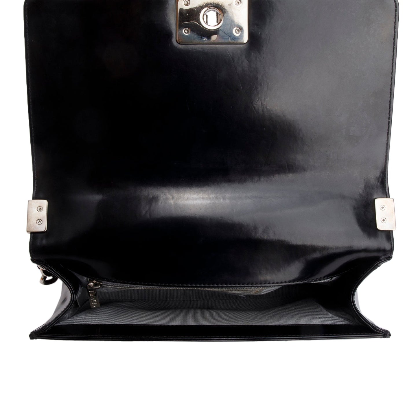 Chanel Black Patent Leather Original Clasp Medium Boy Flap Bag