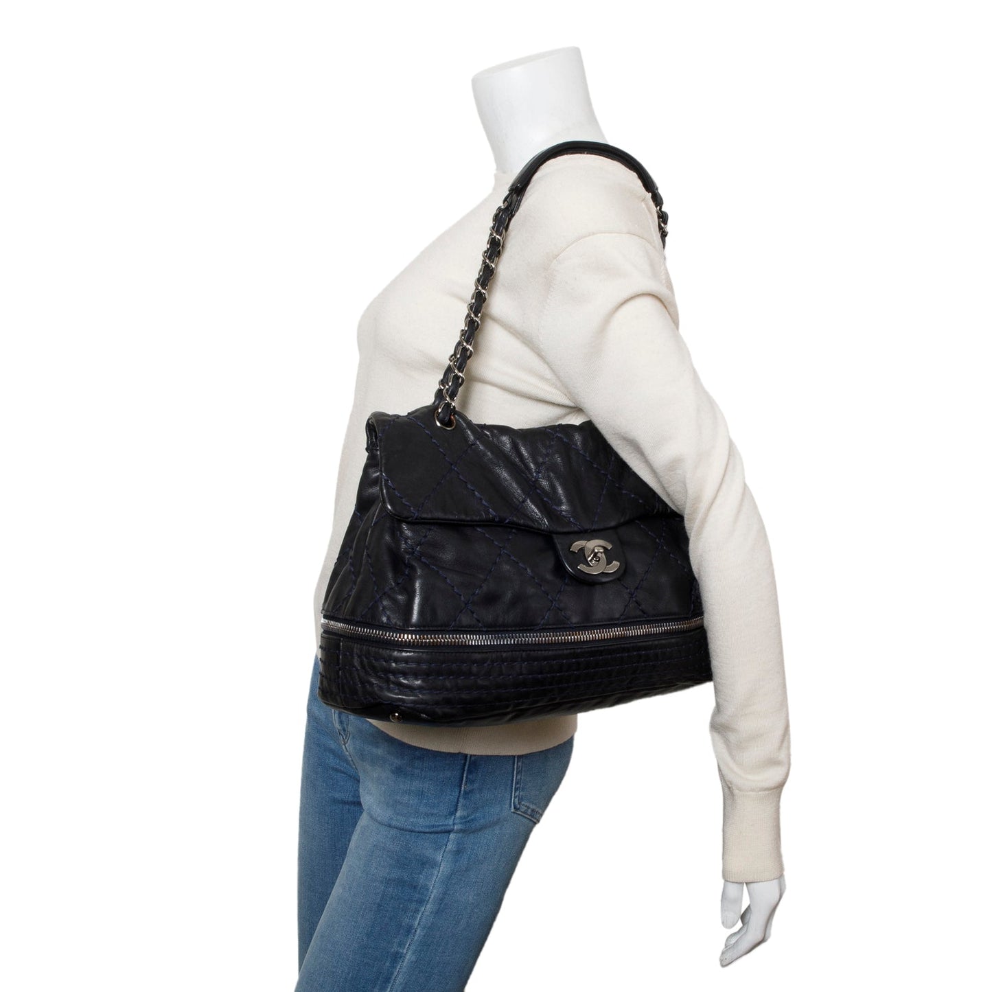 Chanel Navy Quilted Stitched Calfskin Leather Expandable Ligne Flap Bag