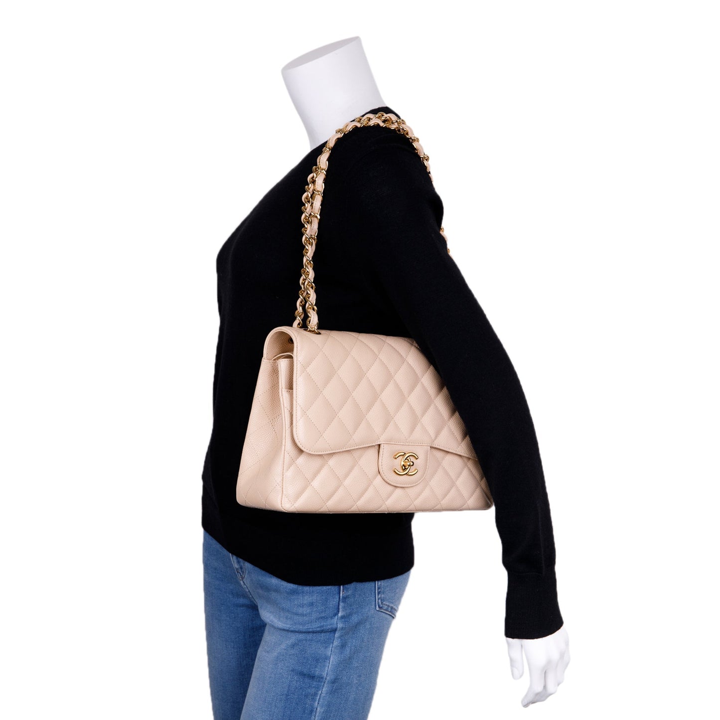 Chanel Beige Caviar Classic Jumbo Double Flap Bag