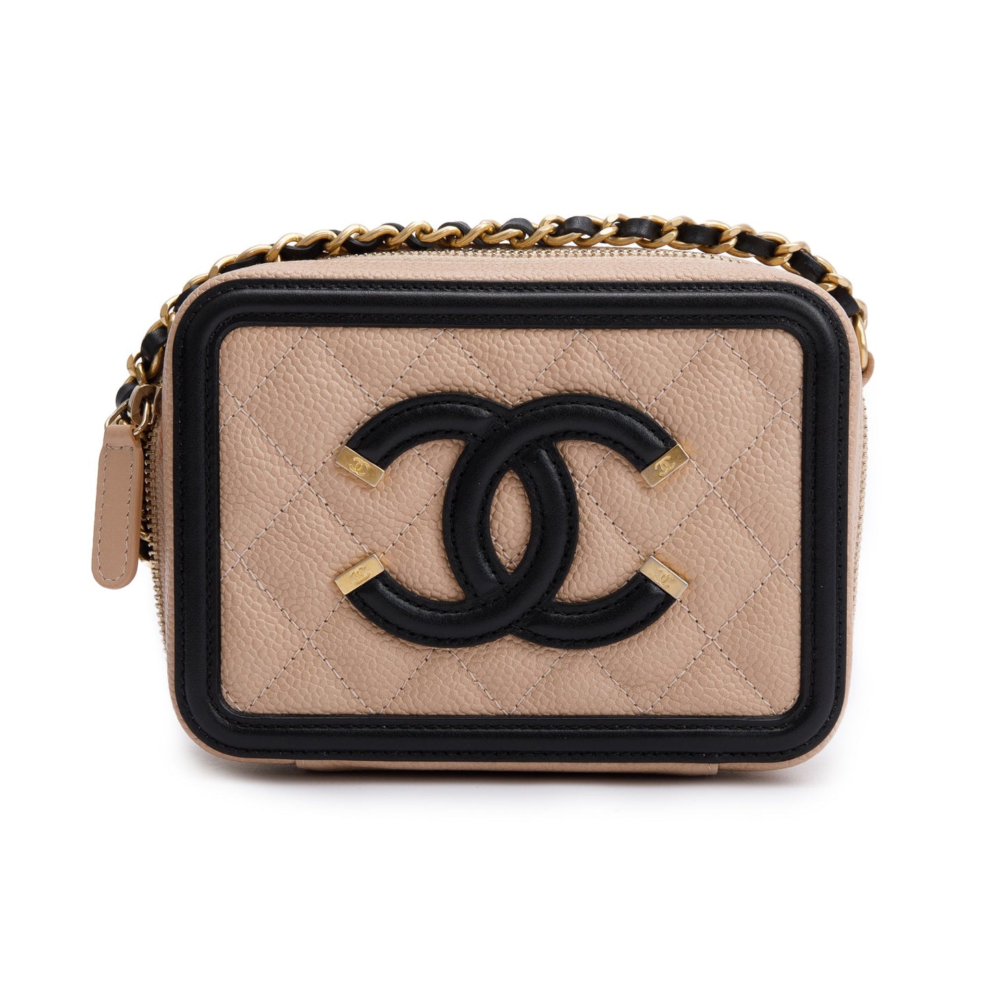 Chanel Beige Caviar Quilted Leather CC Filigree Vanity Chain Clutch