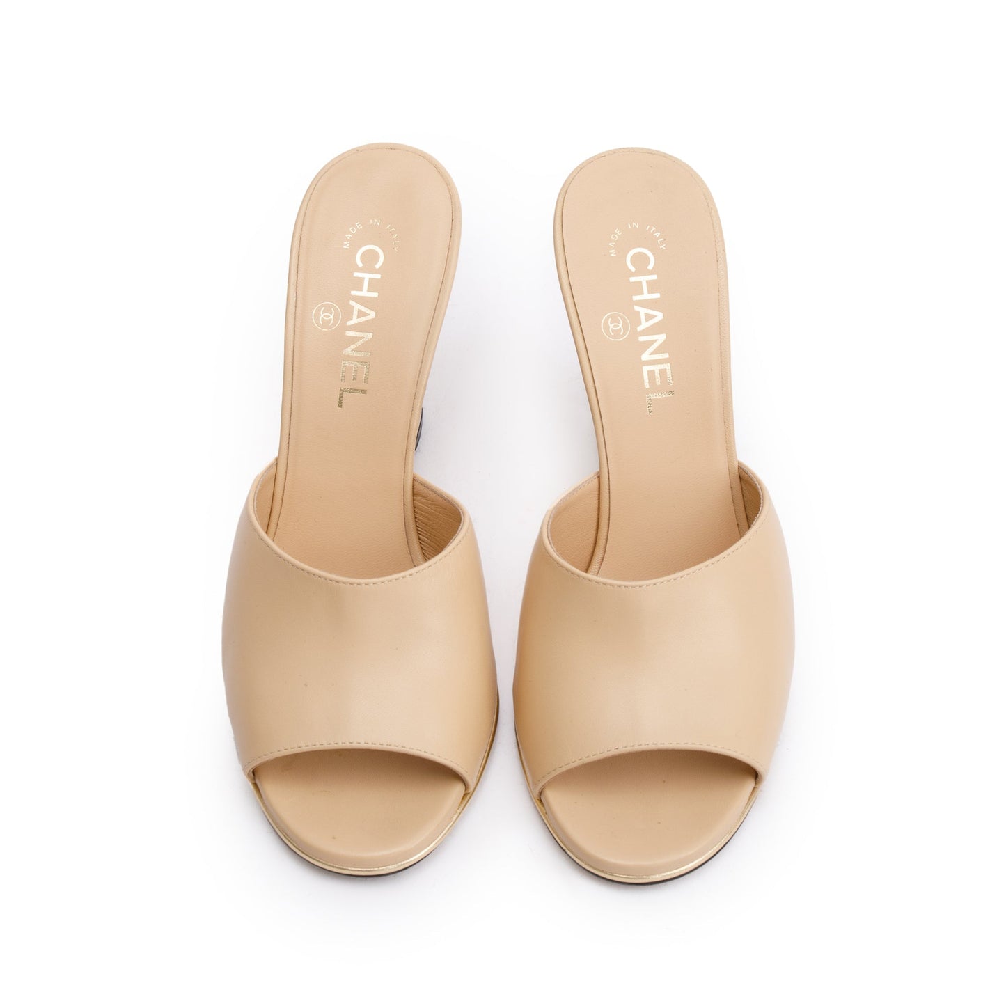 Chanel Beige Lambskin Leather Lucite CC Wedge Mules, Size 39.5