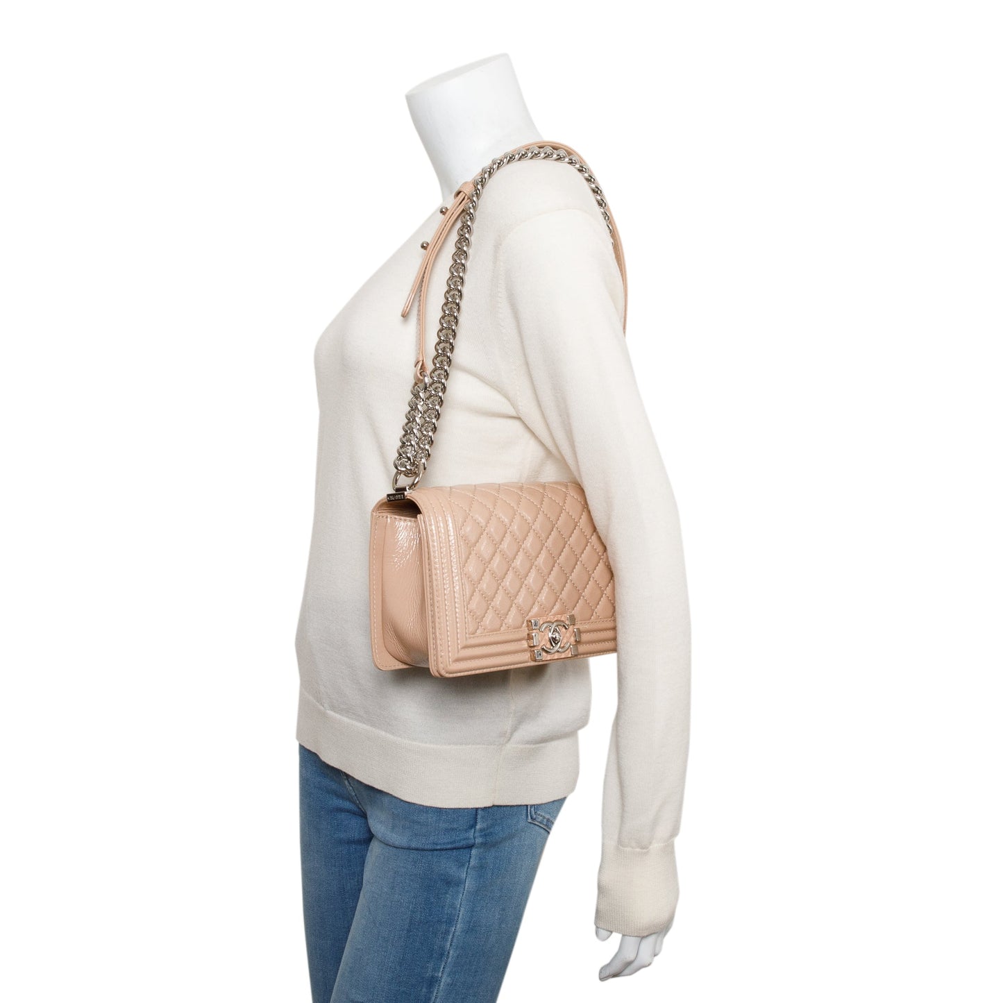 Chanel Beige Patent Leather Medium Boy Bag