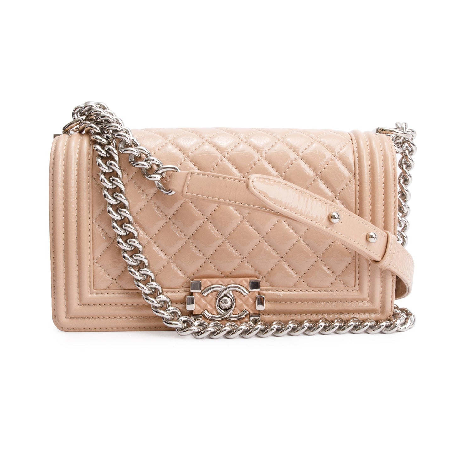 Chanel Beige Patent Leather Medium Boy Bag