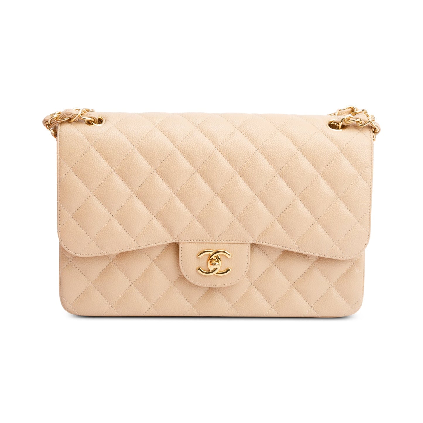 Chanel Beige Quilted Caviar Leather Classic Jumbo Double Flap Bag