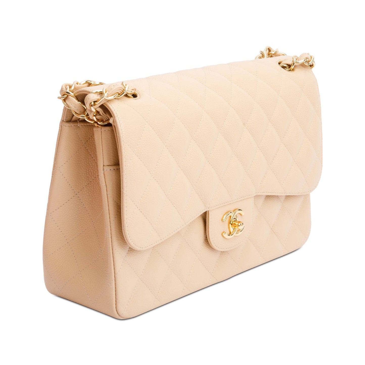Chanel Beige Quilted Caviar Leather Classic Jumbo Double Flap Bag