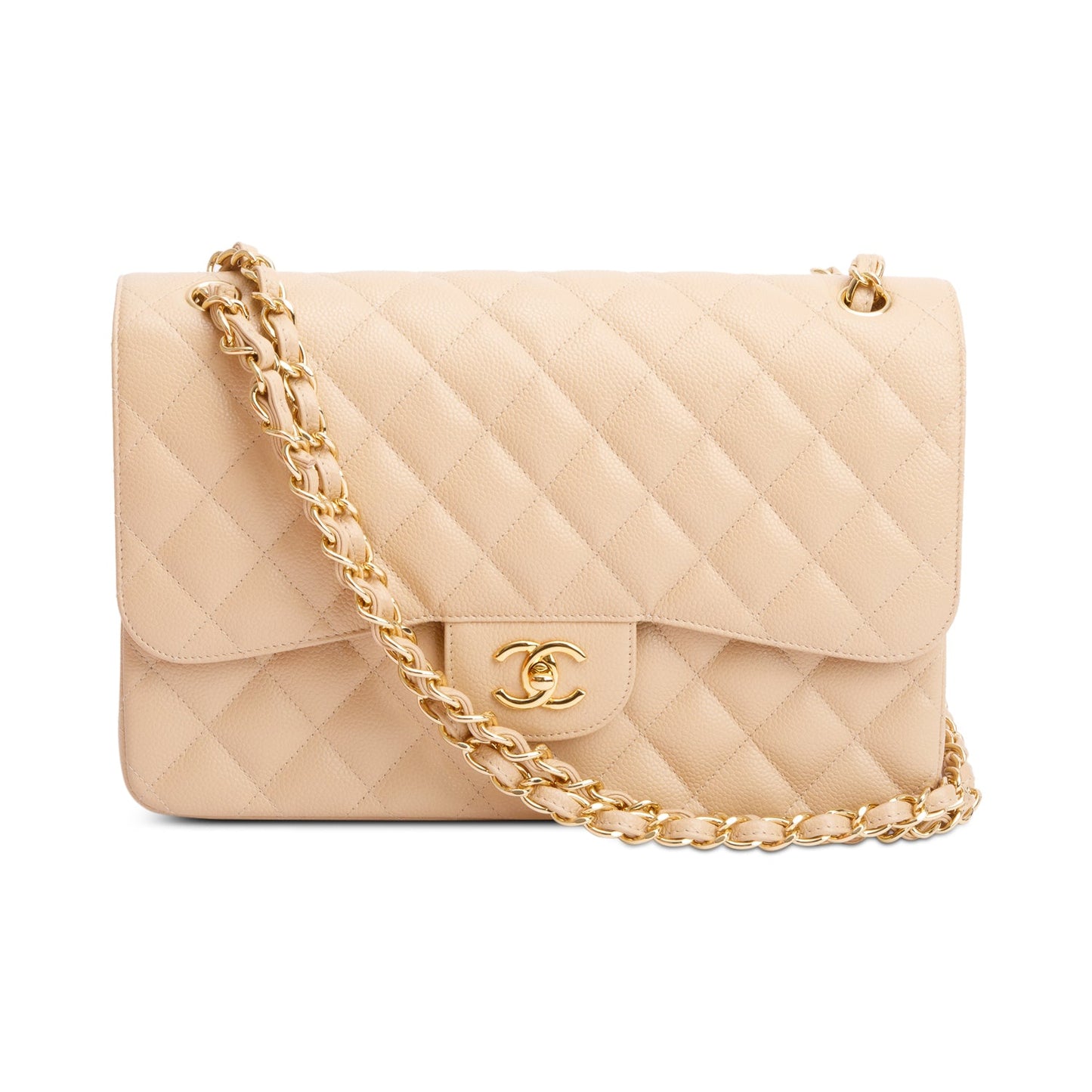 Chanel Beige Quilted Caviar Leather Classic Jumbo Double Flap Bag