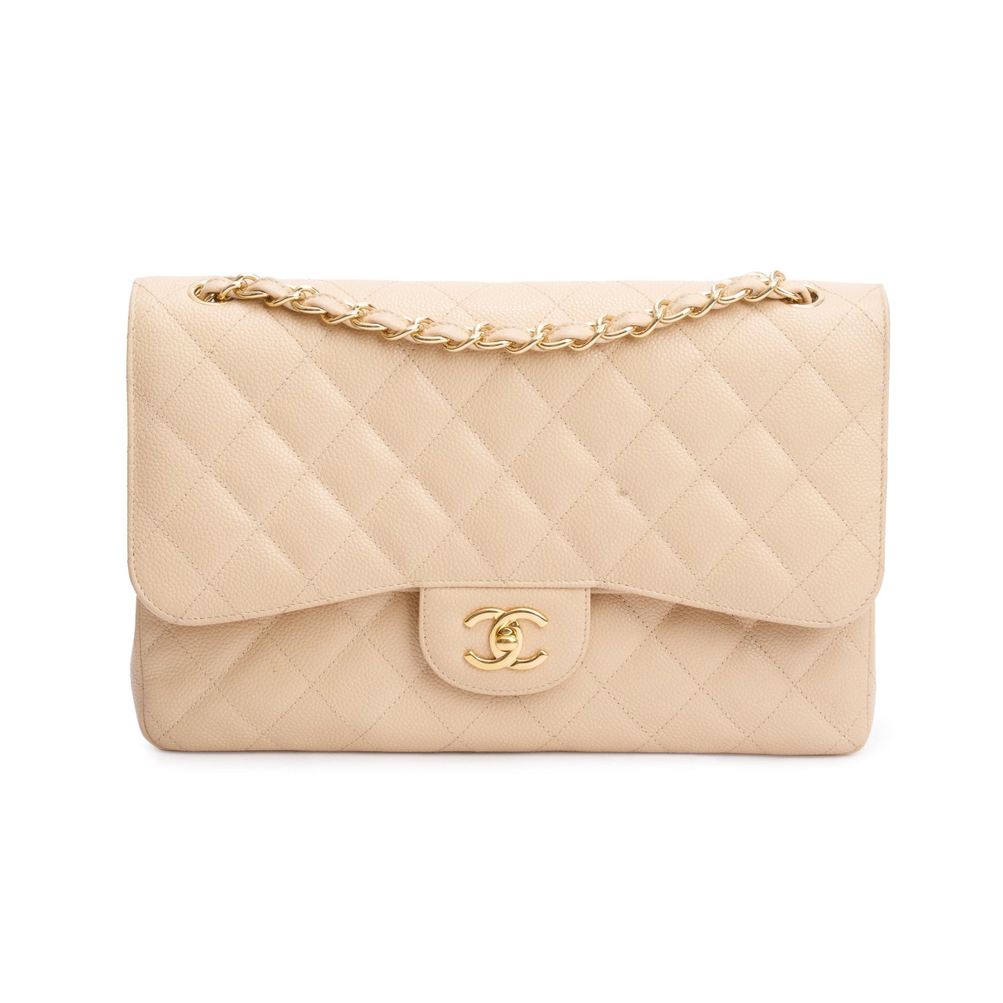 Chanel Beige Quilted Caviar Leather Classic Jumbo Double Flap Bag