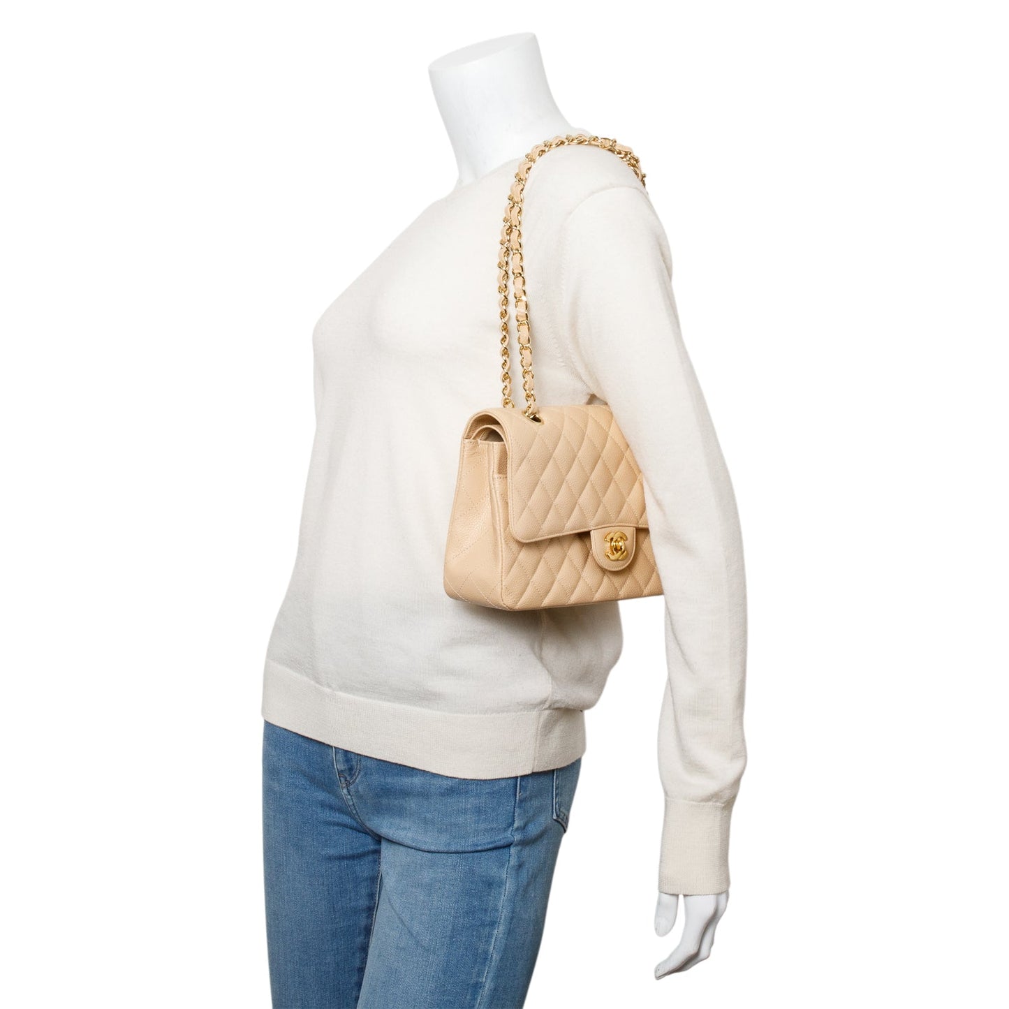 Chanel Beige Quilted Caviar Leather Classic Medium Double Flap Bag