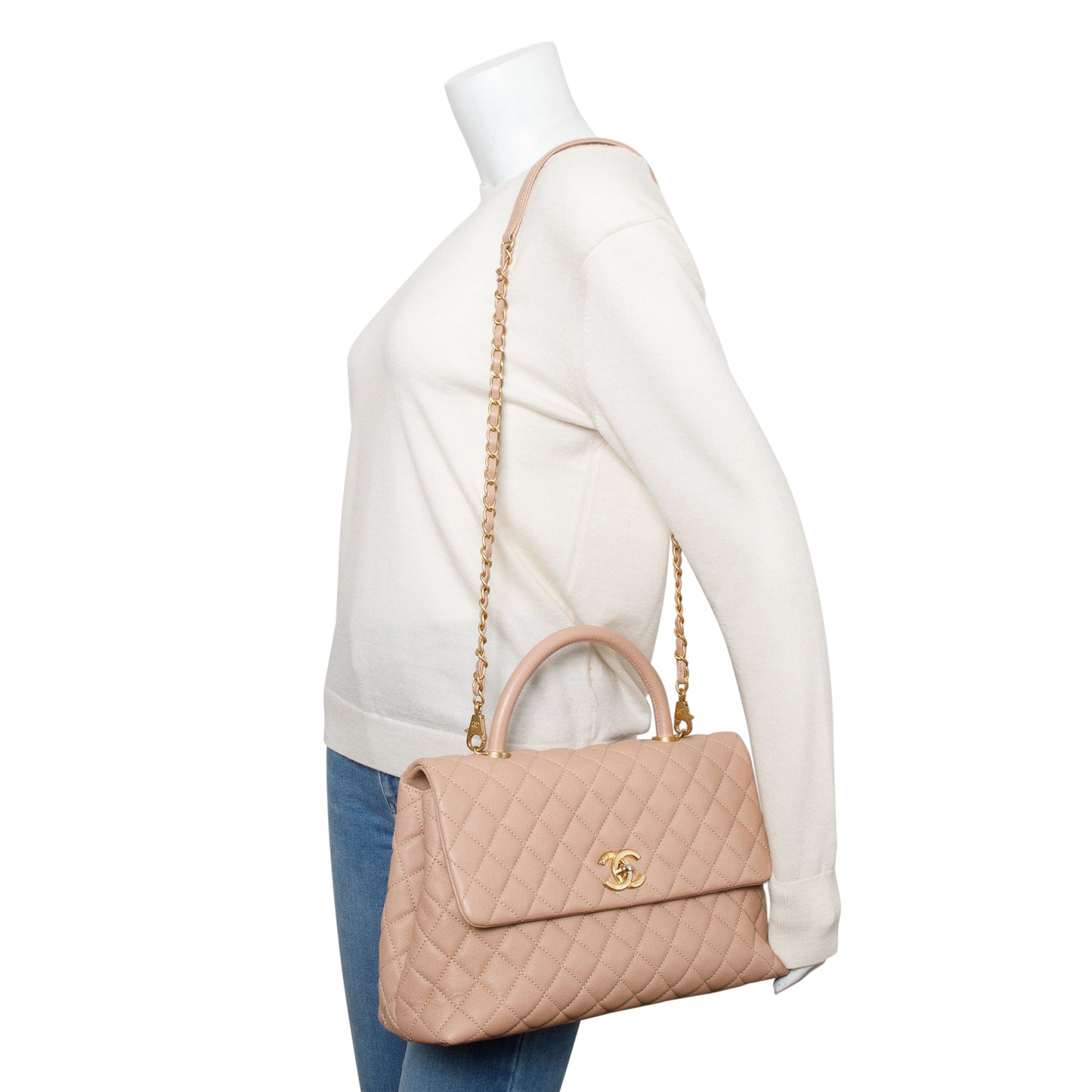 Chanel Beige Quilted Caviar Leather Large Coco Handle Bag