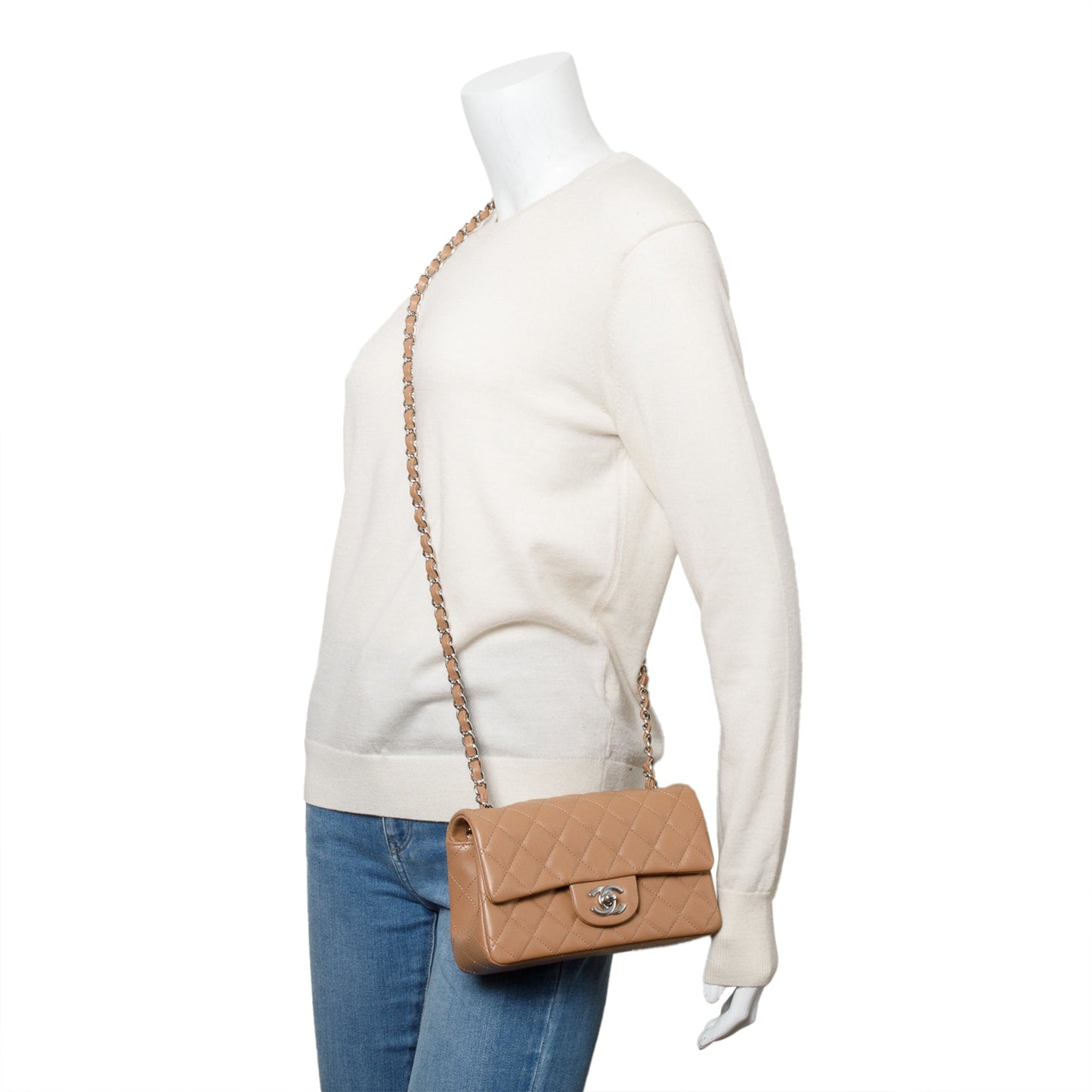 Chanel Beige Quilted Lambskin Leather Classic Mini Rectangular Flap Bag