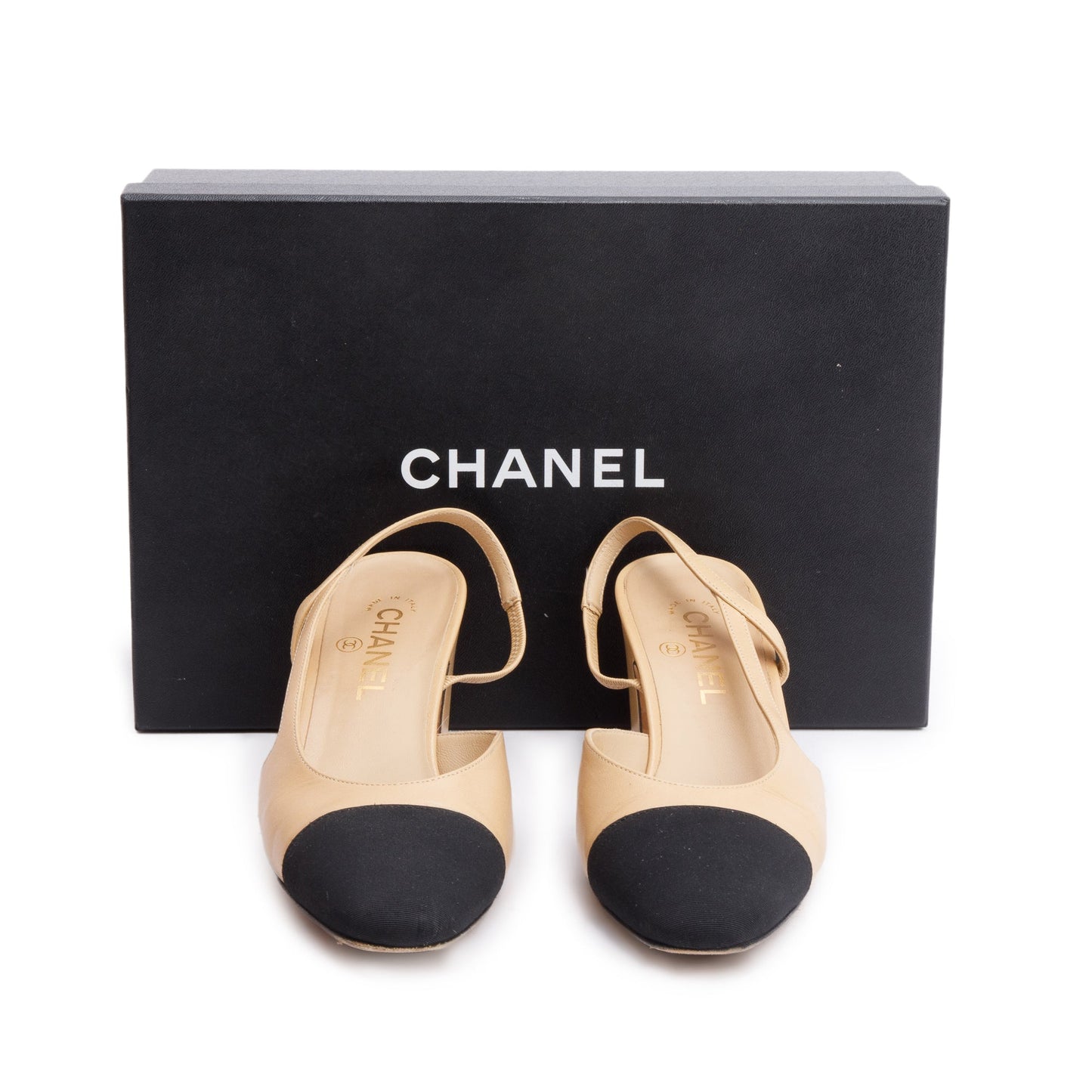 Chanel Beige/Black Lambskin Grosgrain Interlocking CC Logo Sling Back Shoes, Size 39